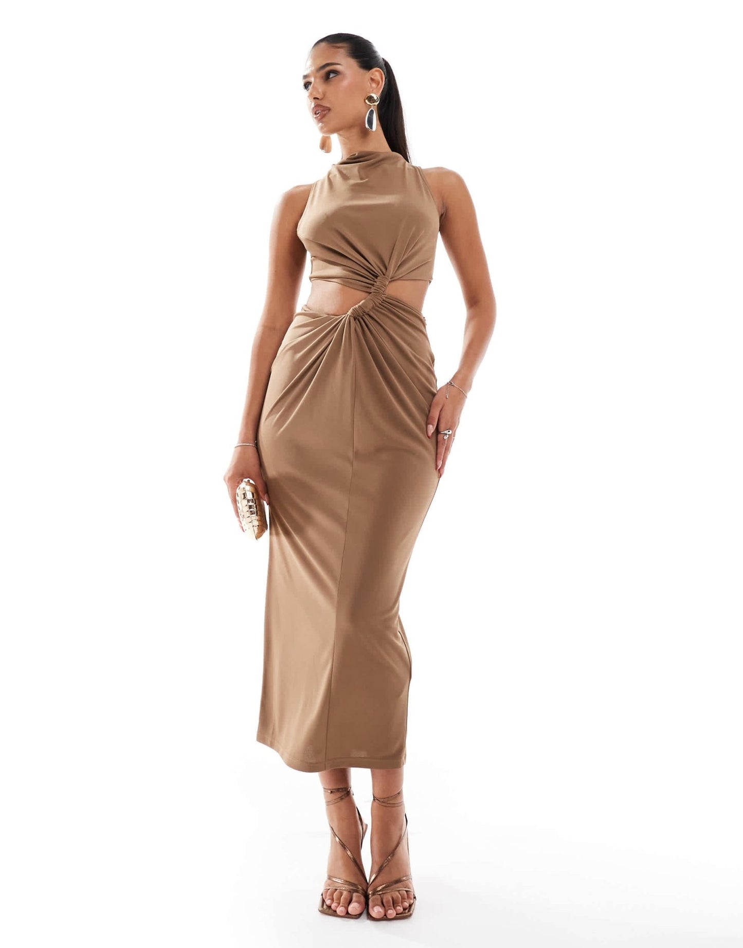 ASOS DESIGN slinky knot detail cut out midi dress in mocha - ASOS Sample Sale