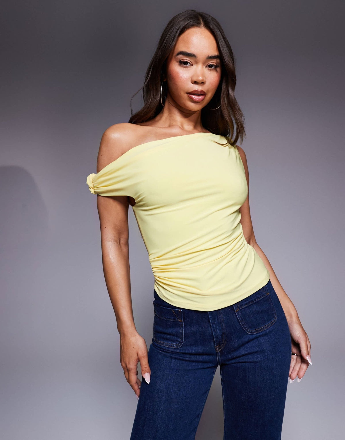 ASOS DESIGN slinky knot shoulder top with asymmetric hem in yellow - ASOS Sample Sale