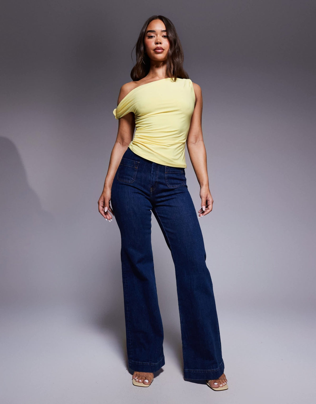 ASOS DESIGN slinky knot shoulder top with asymmetric hem in yellow - ASOS Sample Sale