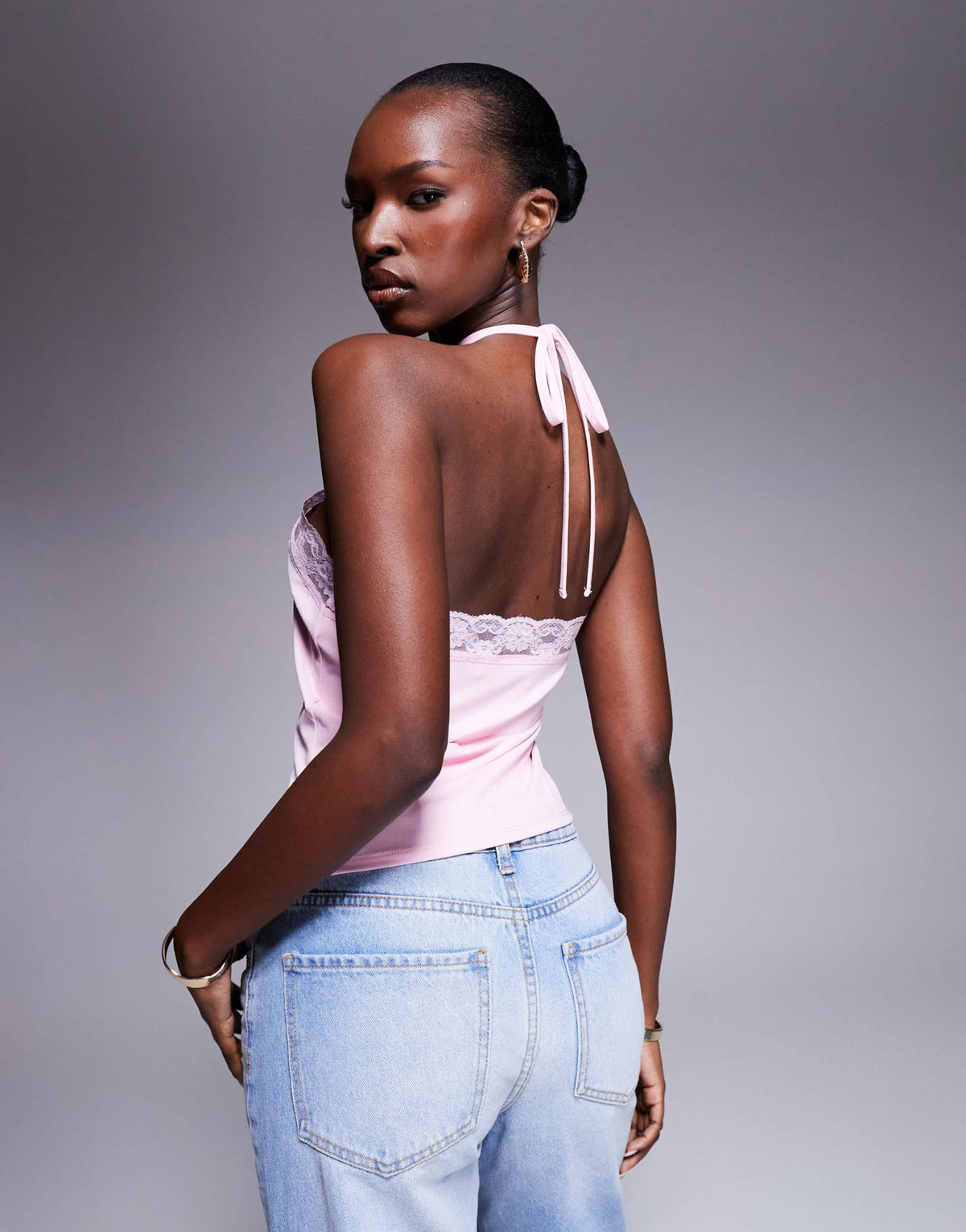 ASOS DESIGN slinky lace trim halter top in pastel pink - ASOS Sample Sale