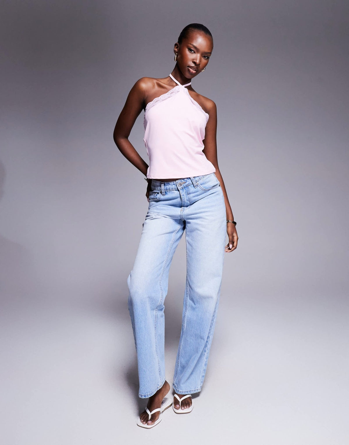 ASOS DESIGN slinky lace trim halter top in pastel pink - ASOS Sample Sale