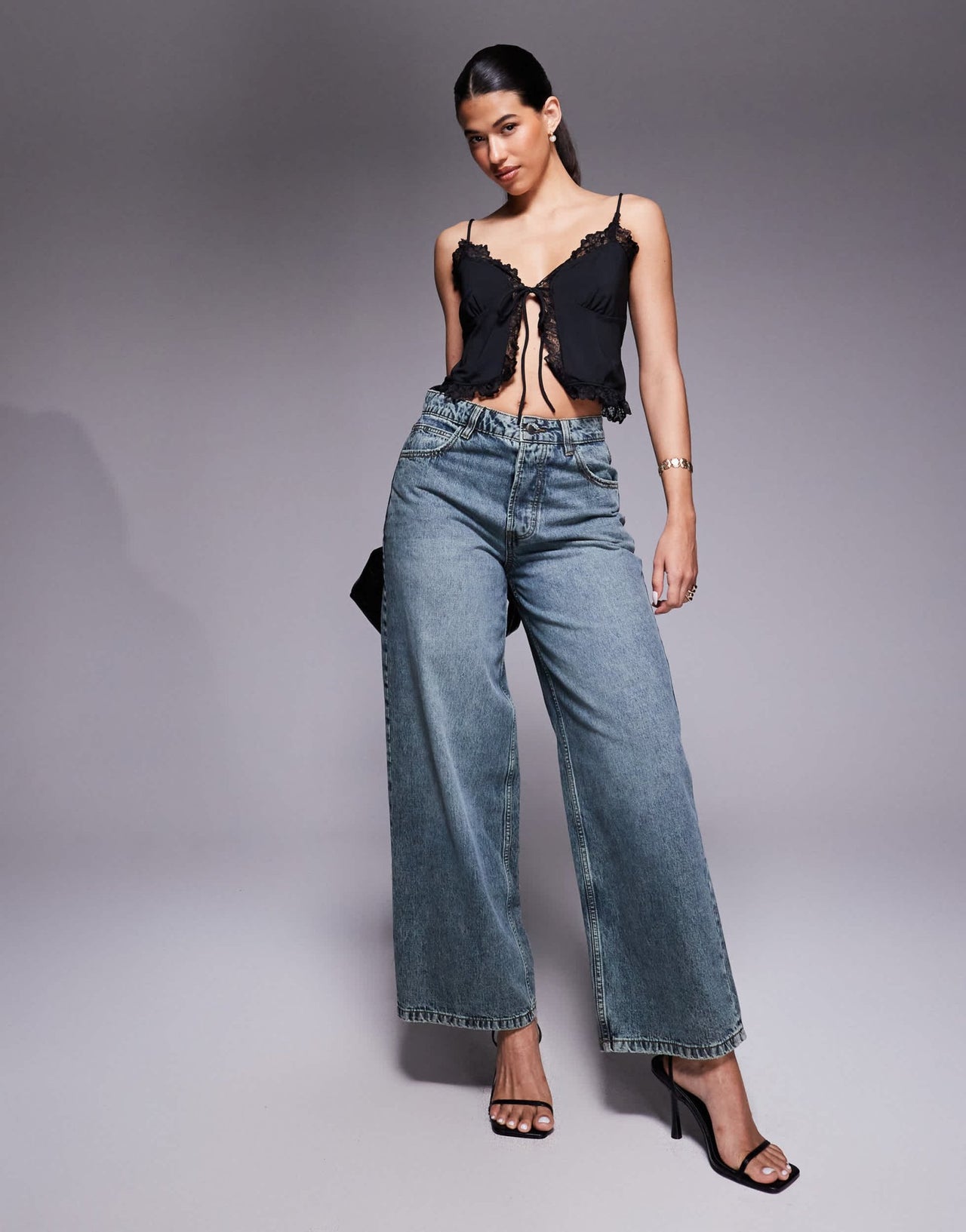 ASOS DESIGN slinky lace trim tie front top in black - ASOS Sample Sale