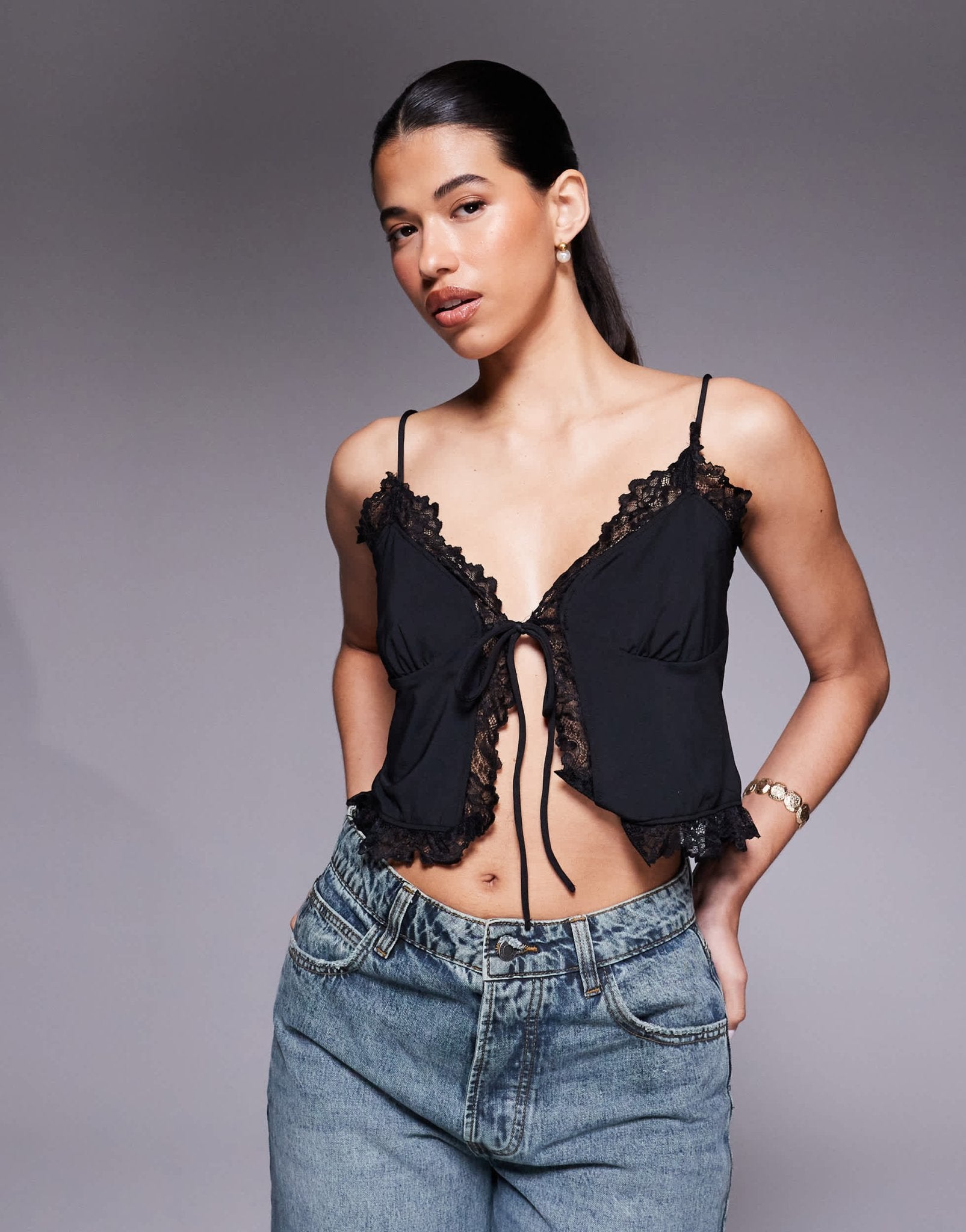 ASOS DESIGN slinky lace trim tie front top in black - ASOS Sample Sale