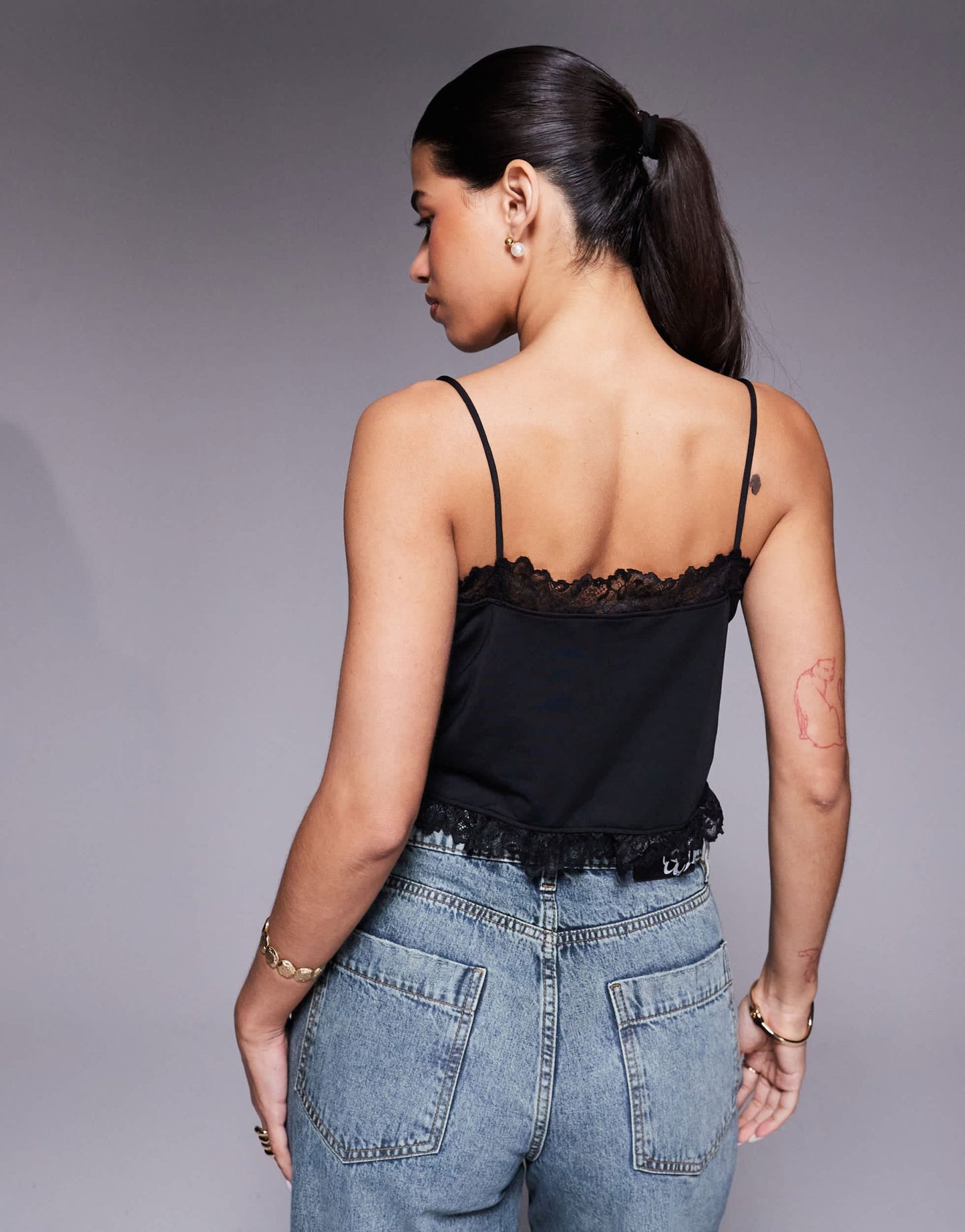 ASOS DESIGN slinky lace trim tie front top in black - ASOS Sample Sale