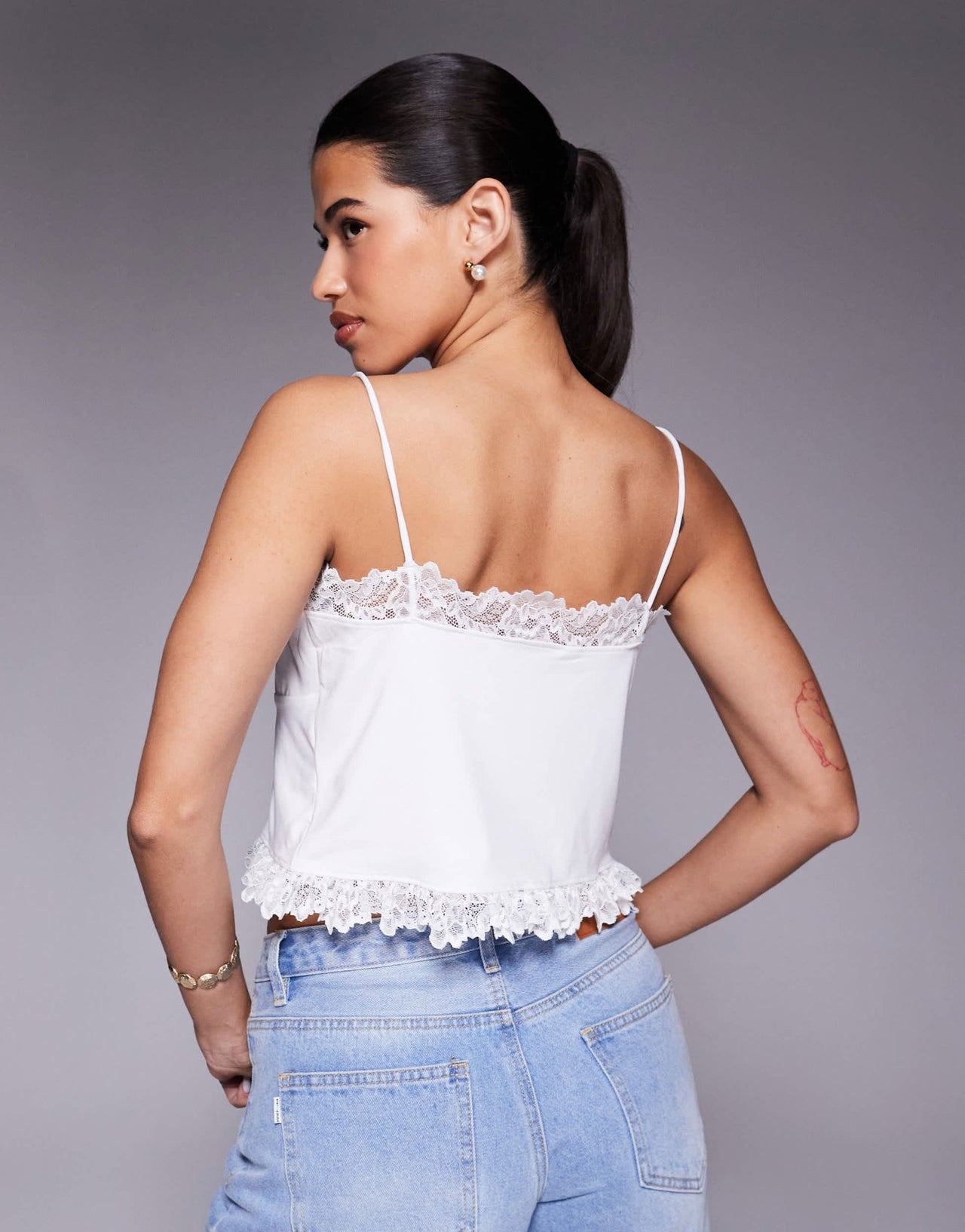 ASOS DESIGN slinky lace trim tie front top in white - ASOS Sample Sale