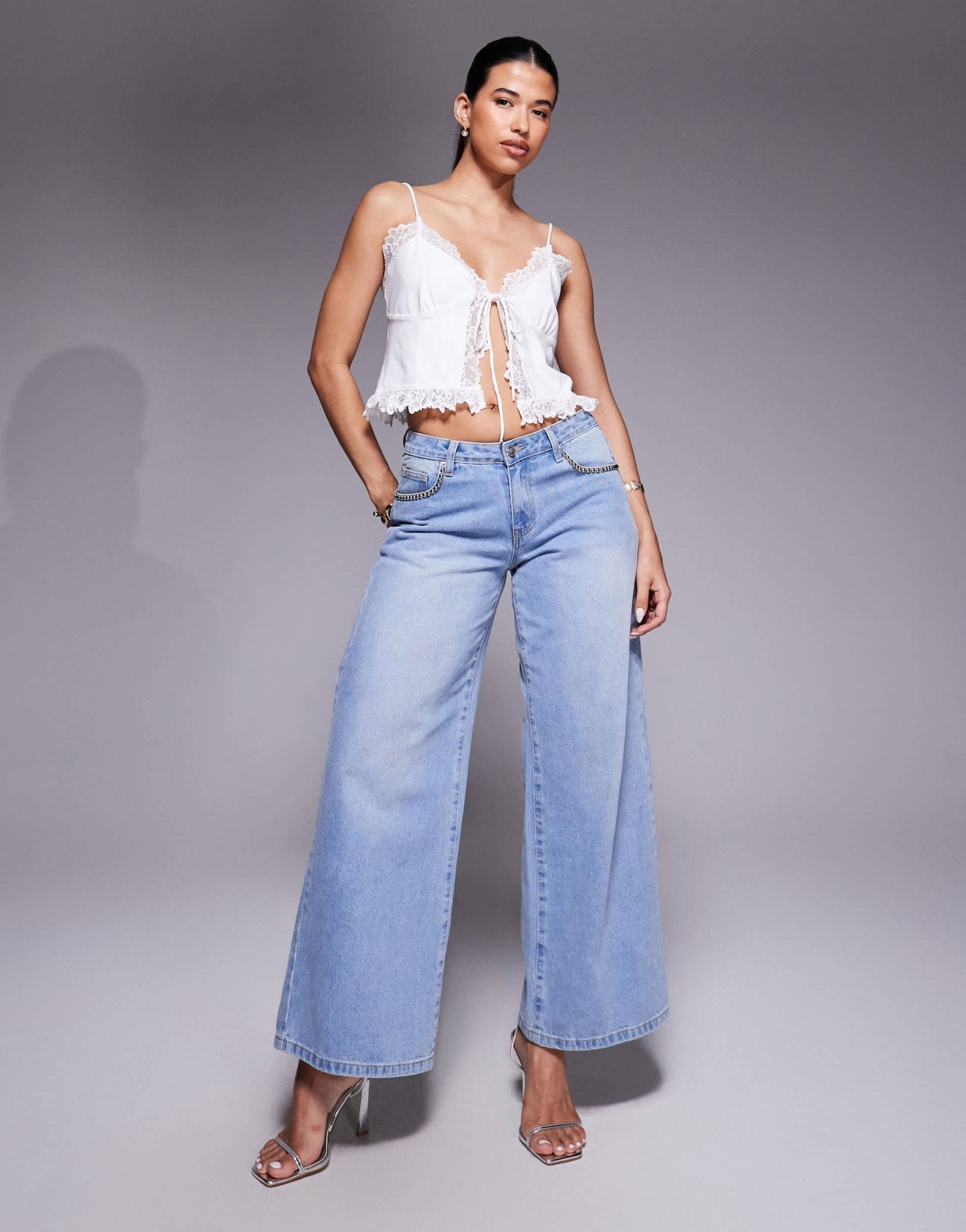 ASOS DESIGN slinky lace trim tie front top in white - ASOS Sample Sale