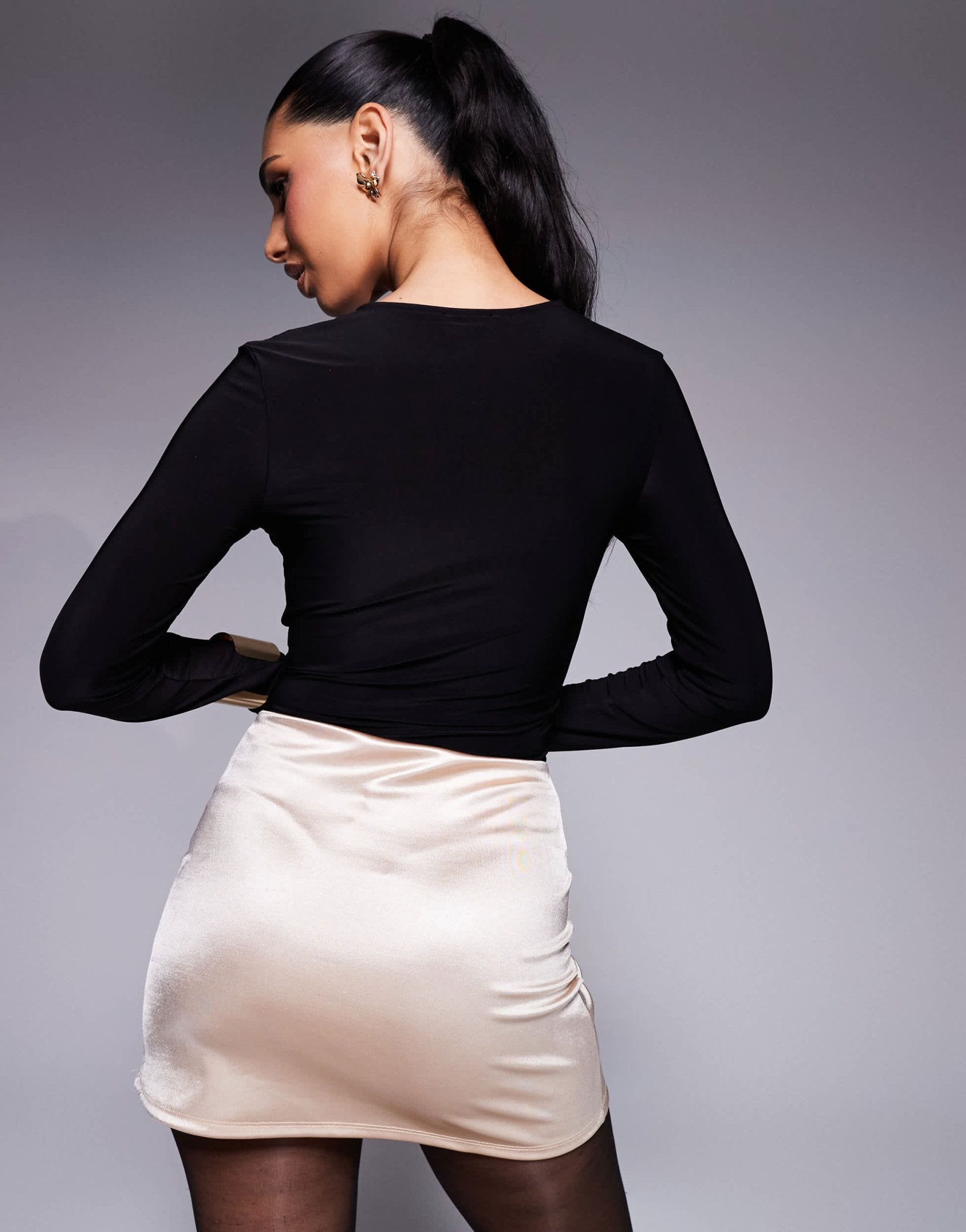 ASOS DESIGN slinky long sleeve bodysuit with tie detail in black - ASOS Sample Sale