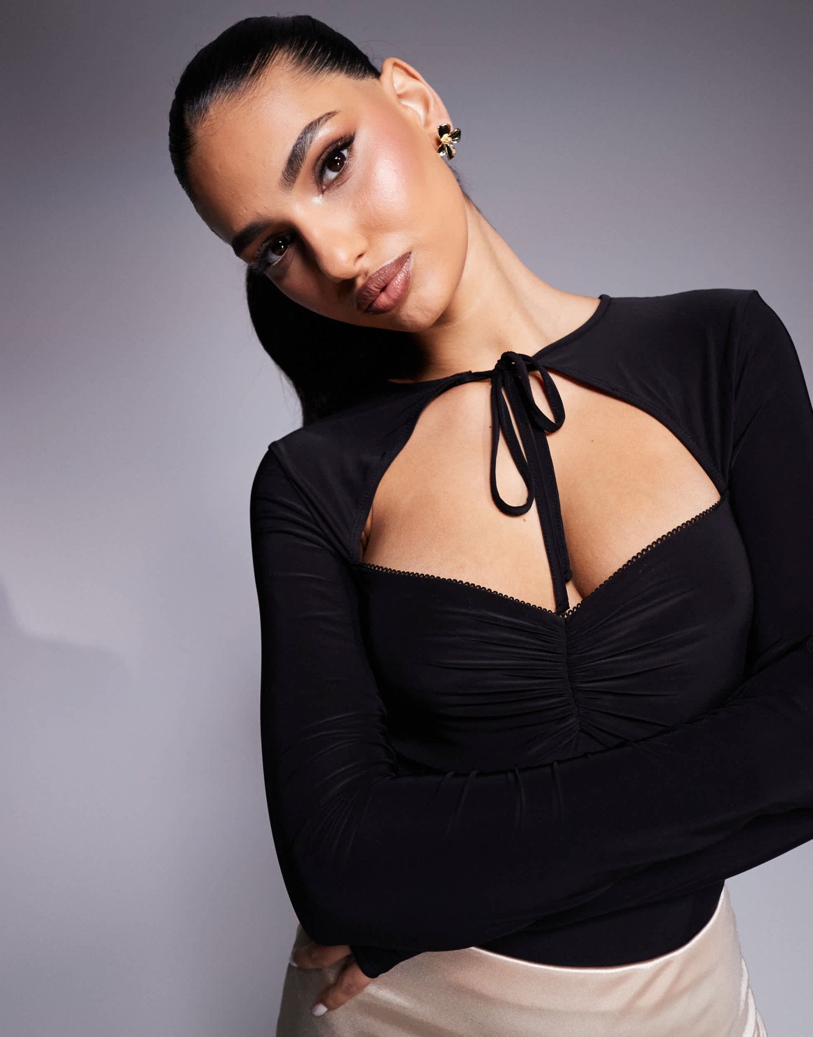 ASOS DESIGN slinky long sleeve bodysuit with tie detail in black - ASOS Sample Sale