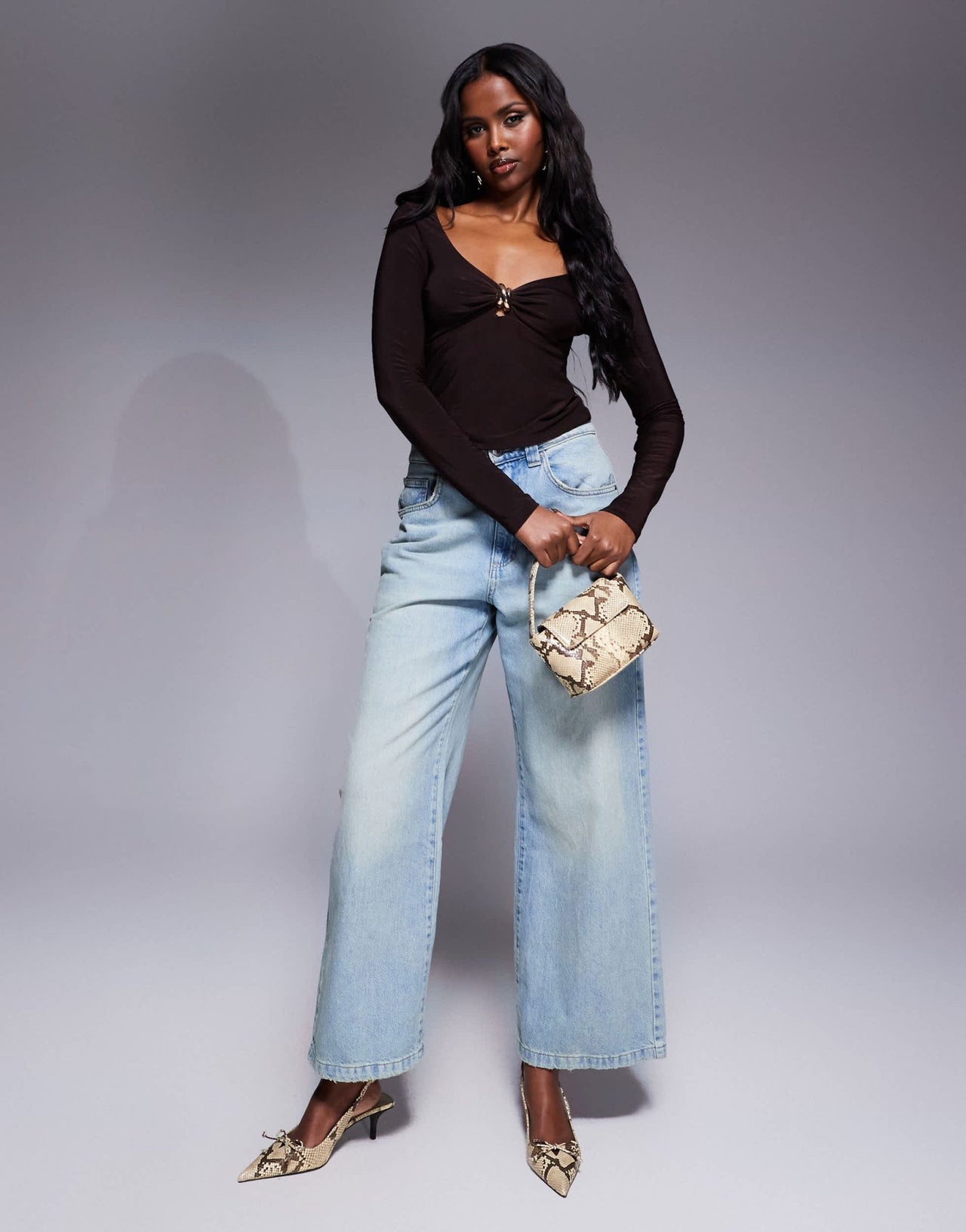 ASOS DESIGN slinky long sleeve gold detail twist top in chocolate - ASOS Sample Sale