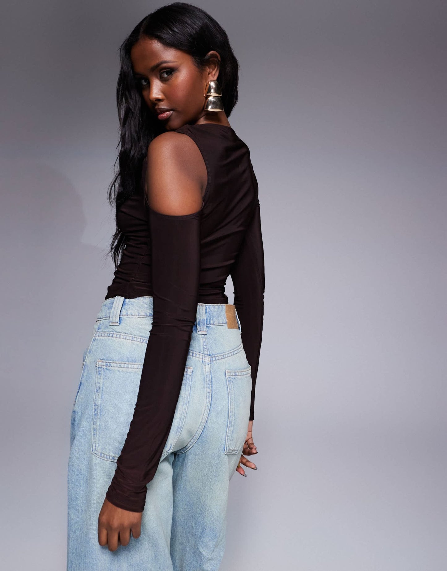 ASOS DESIGN slinky long sleeve twist shoulder gold detail top in chocolate - ASOS Sample Sale