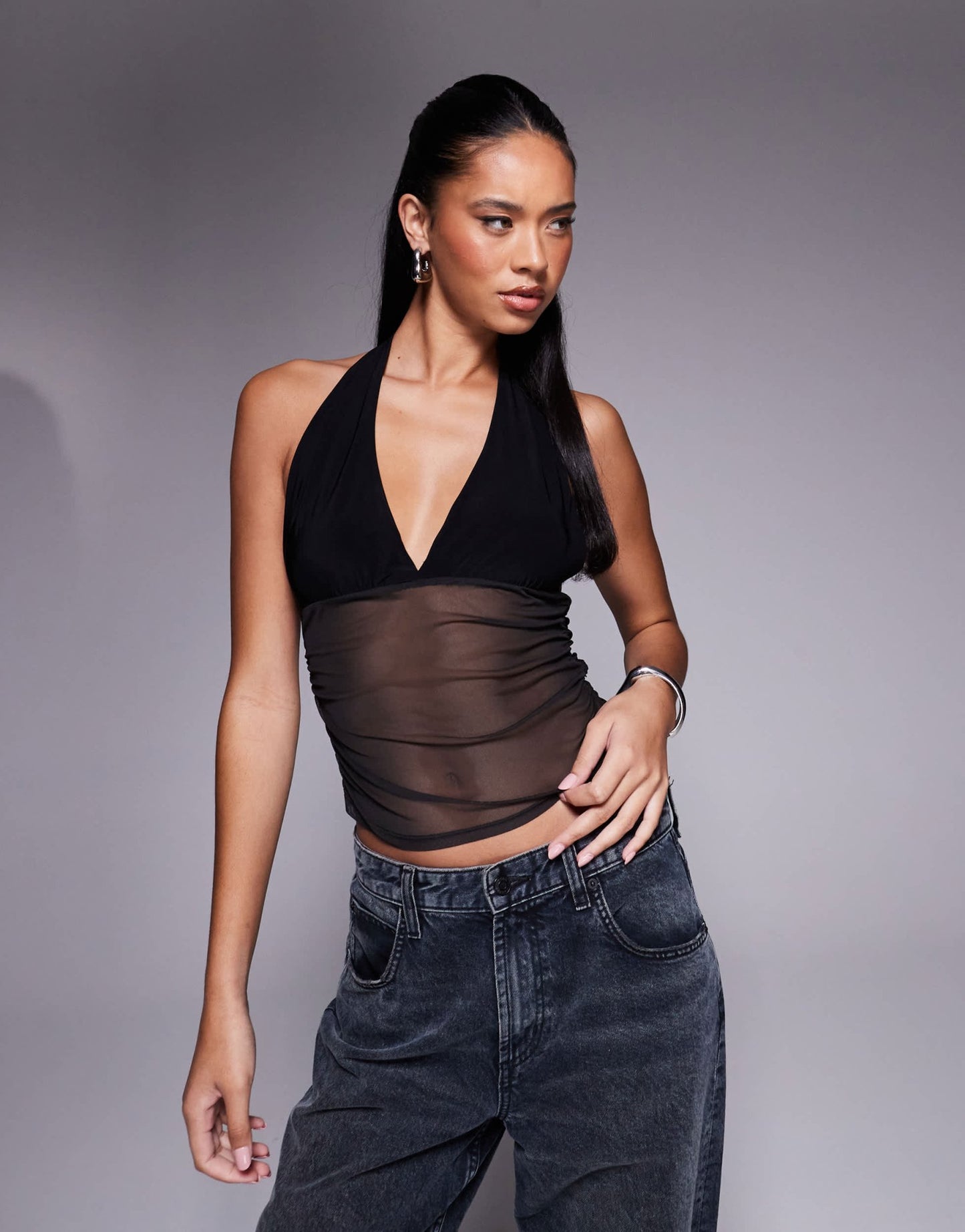 ASOS DESIGN slinky mesh plunge halter top with ruched mesh in black - ASOS Sample Sale