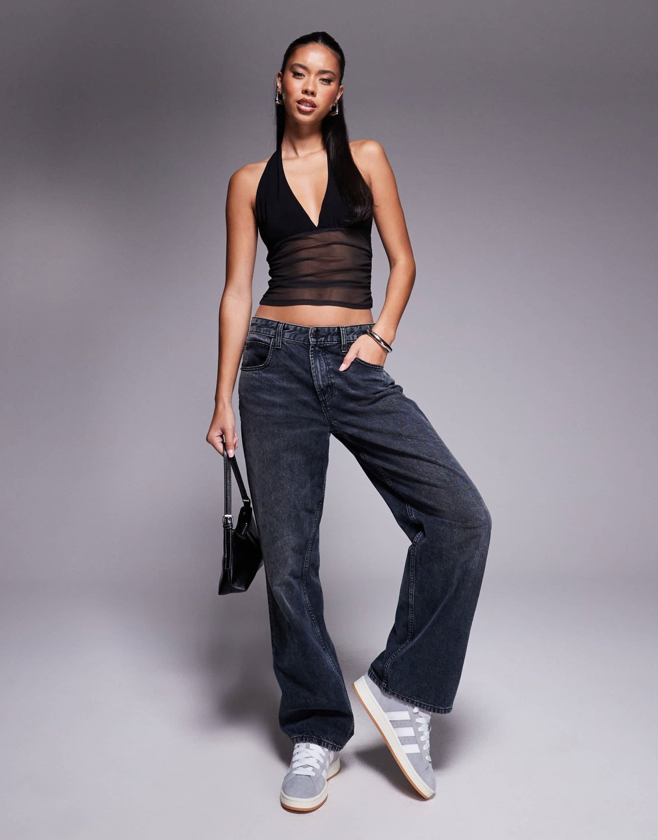 ASOS DESIGN slinky mesh plunge halter top with ruched mesh in black - ASOS Sample Sale