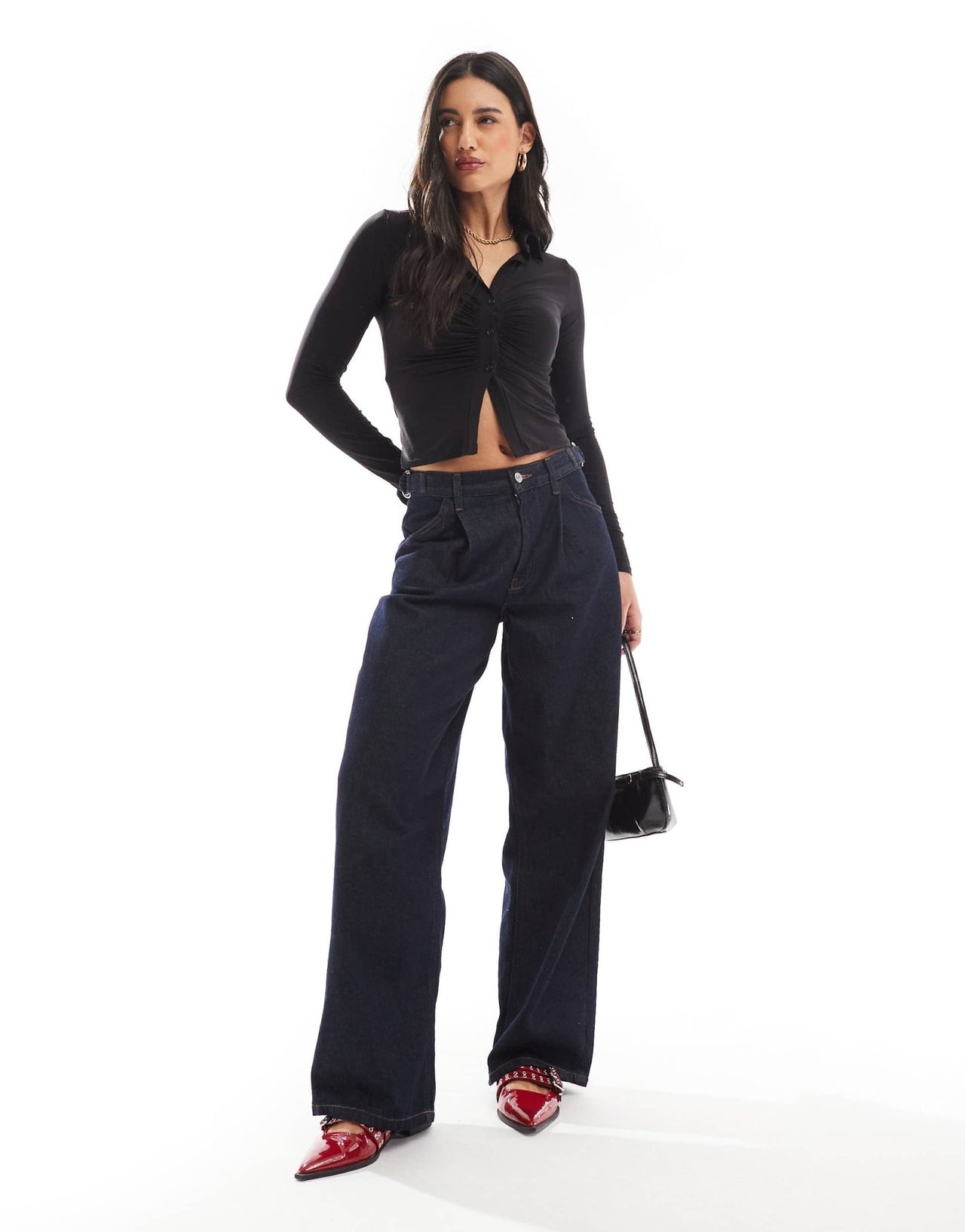 ASOS DESIGN slinky ruched plunge long sleeve shirt in black - ASOS Sample Sale