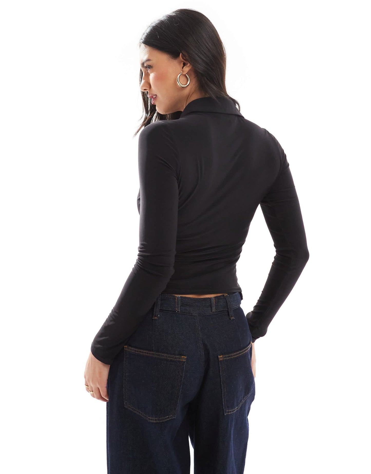 ASOS DESIGN slinky ruched plunge long sleeve shirt in black - ASOS Sample Sale