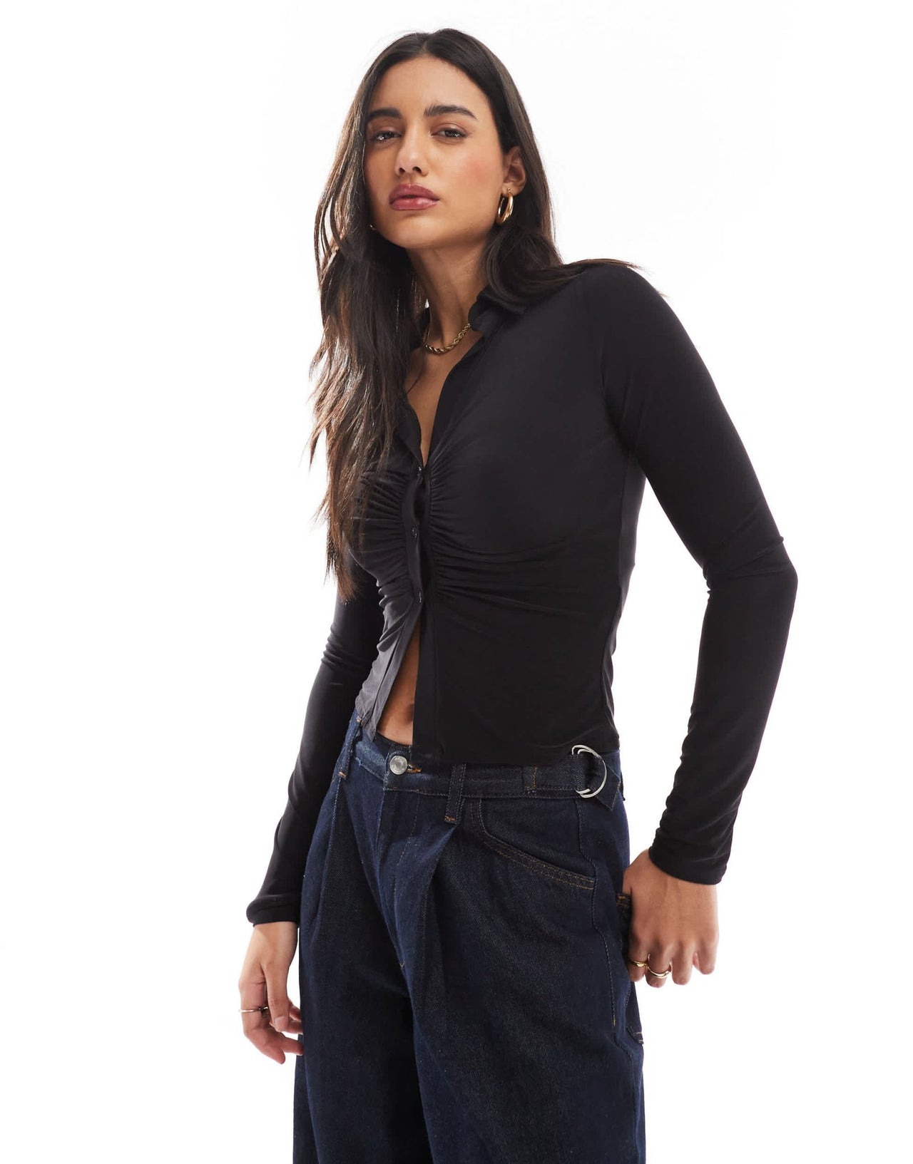 ASOS DESIGN slinky ruched plunge long sleeve shirt in black - ASOS Sample Sale