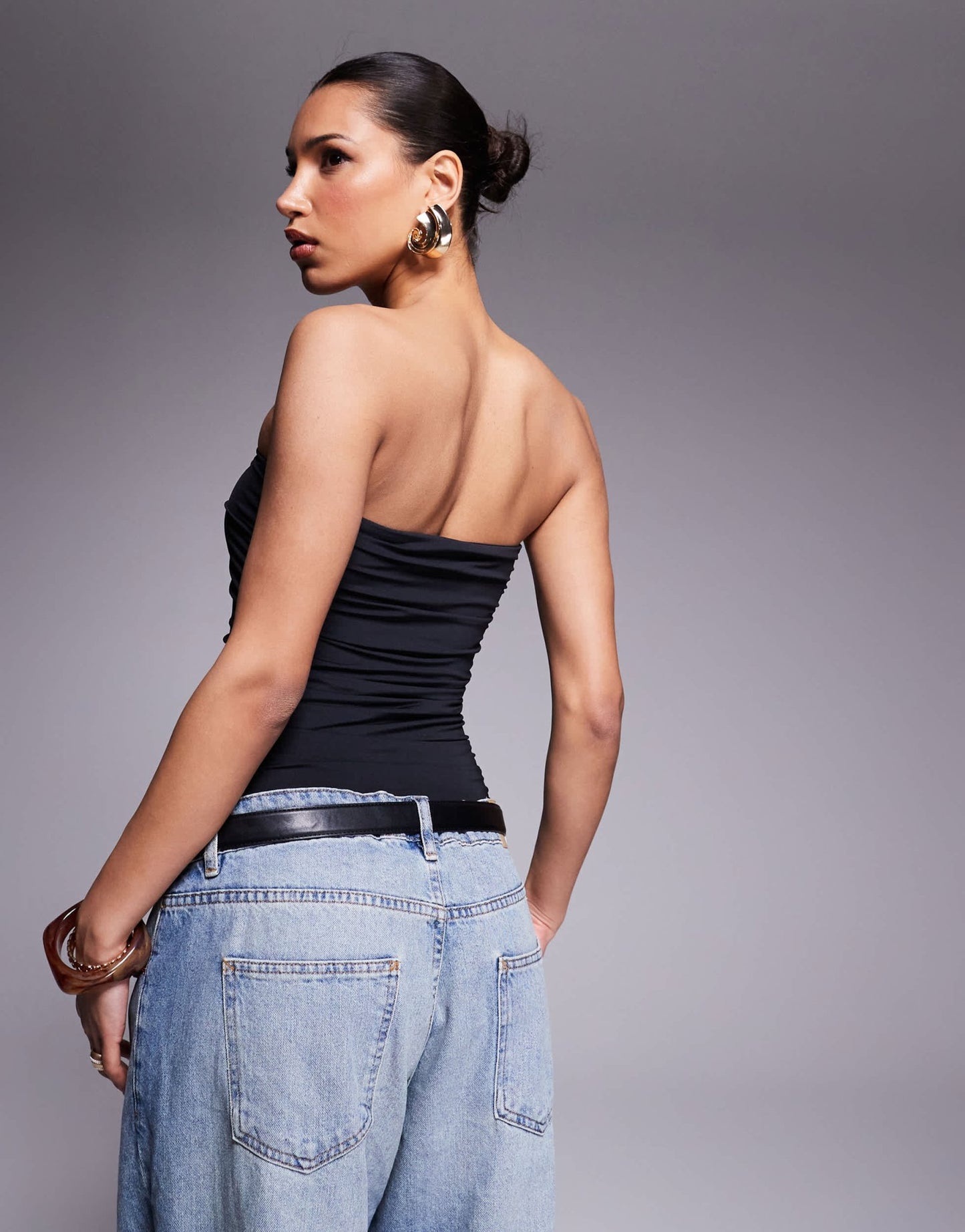 ASOS DESIGN slinky ruched side bandeau bodysuit in black - ASOS Sample Sale