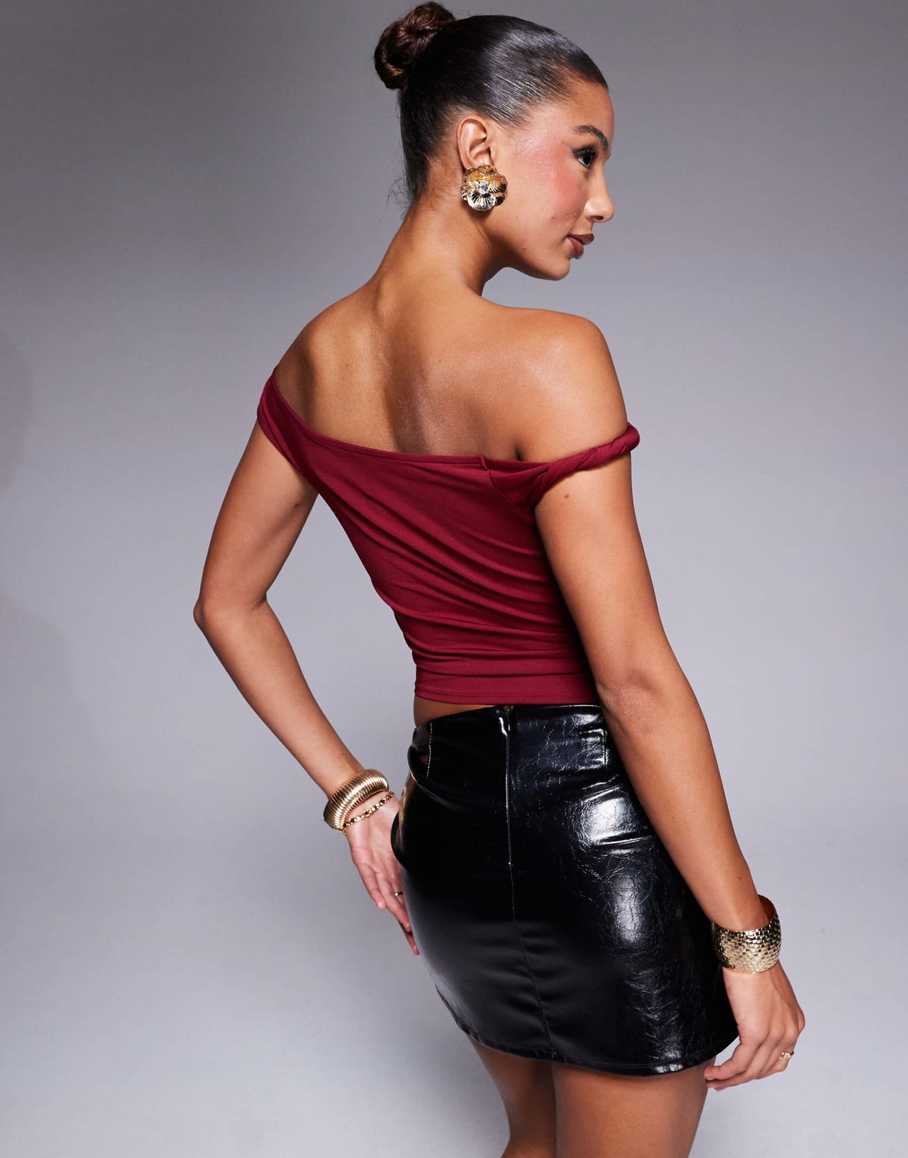 ASOS DESIGN slinky twisted off the shoulder asymmetric top in burgundy - ASOS Sample Sale