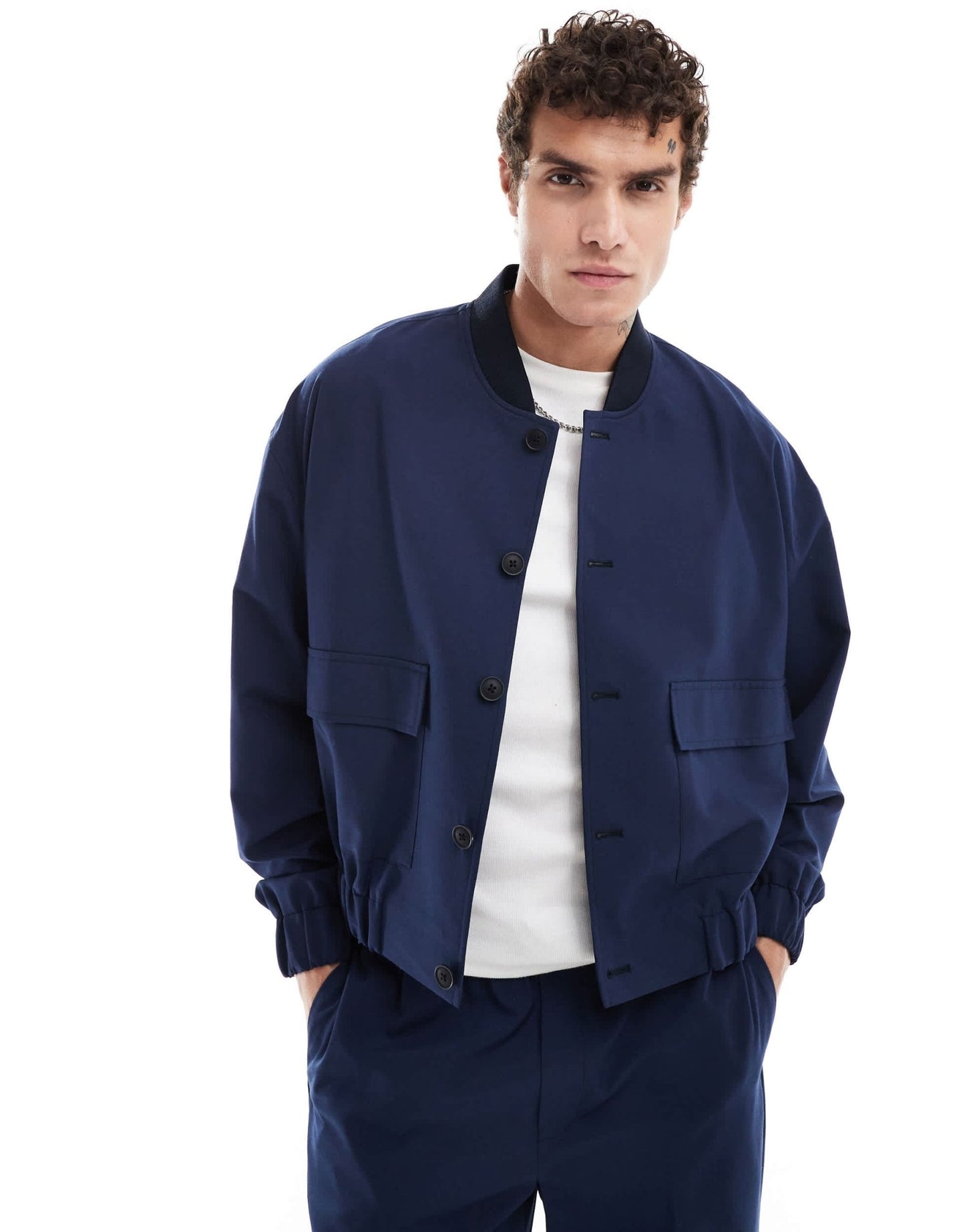 ASOS DESIGN smart co - ord button through bomber jacket in navy - ASOS Sample Sale