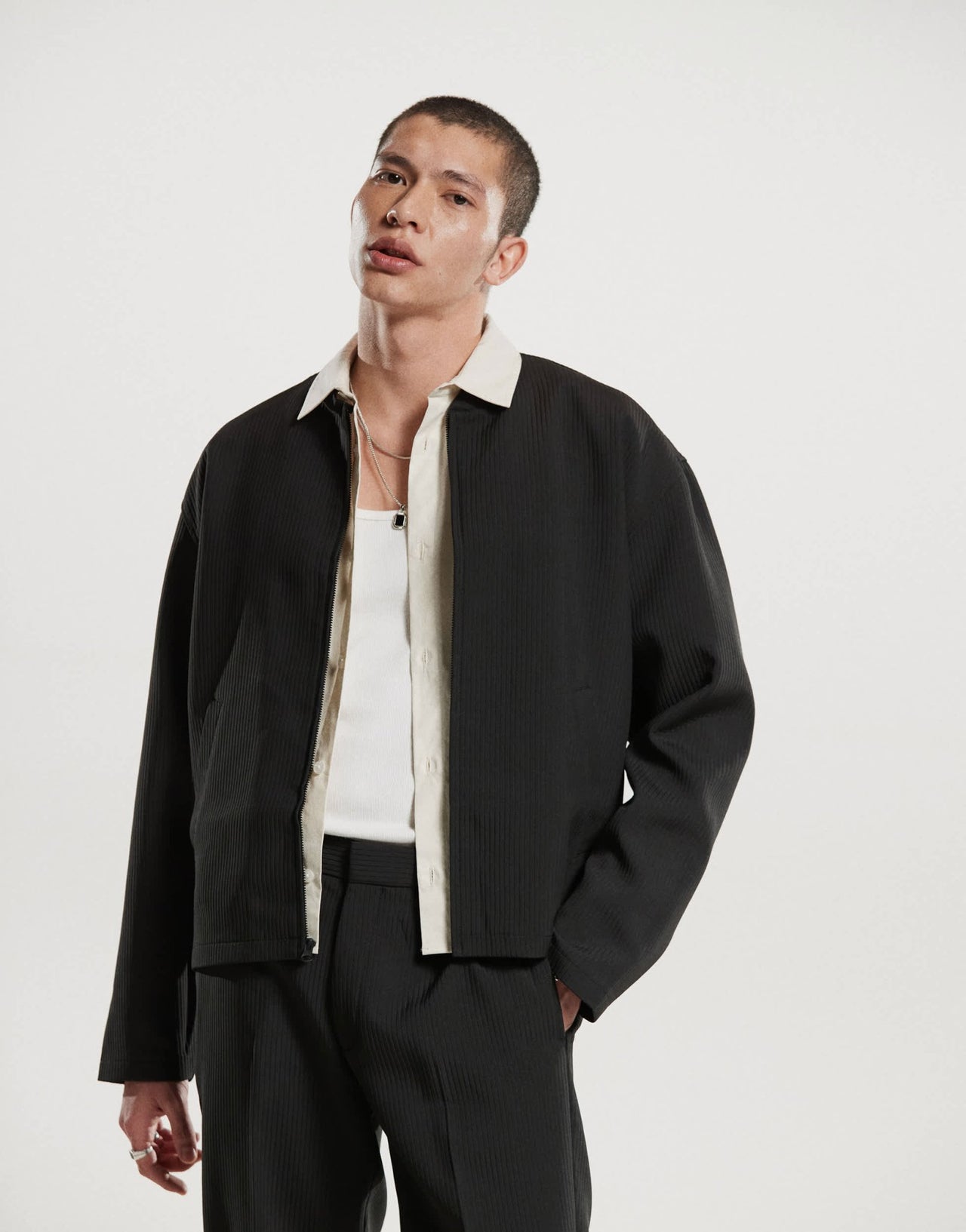 ASOS DESIGN smart co - ord ribbed bomber jacket in black - ASOS Sample Sale