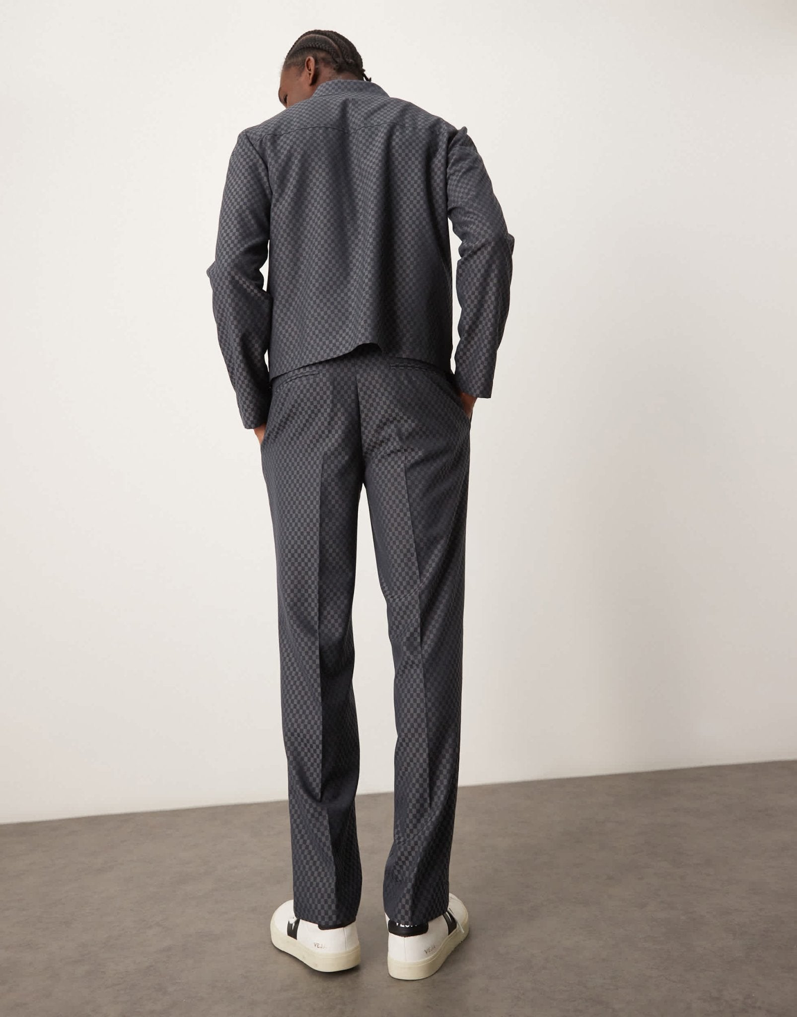 ASOS DESIGN smart co - ord straight leg trousers in grey checkerboard with elasticated waist - ASOS Sample Sale