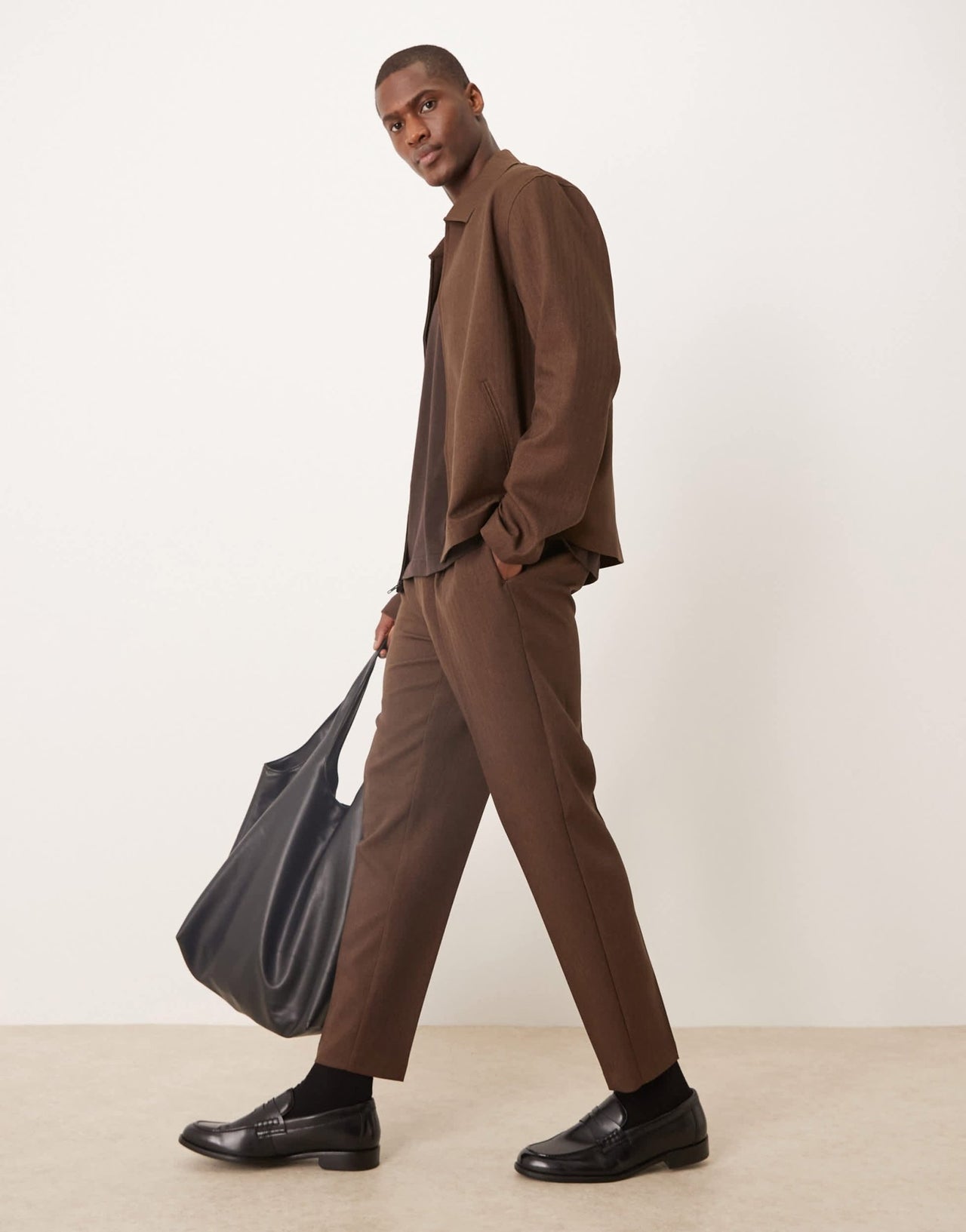 ASOS DESIGN smart co - ord tapered trousers in brown herringbone with elasticated waist - ASOS Sample Sale