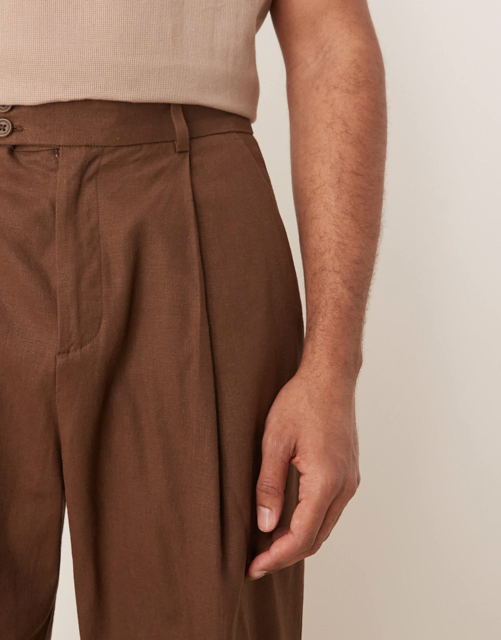 ASOS DESIGN smart cropped balloon linen blend trousers with front pleat in brown - ASOS Sample Sale