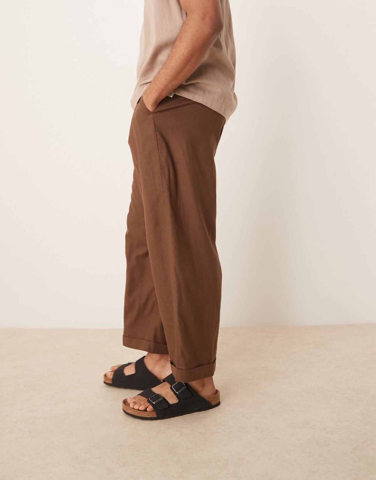 ASOS DESIGN smart cropped balloon linen blend trousers with front pleat in brown - ASOS Sample Sale