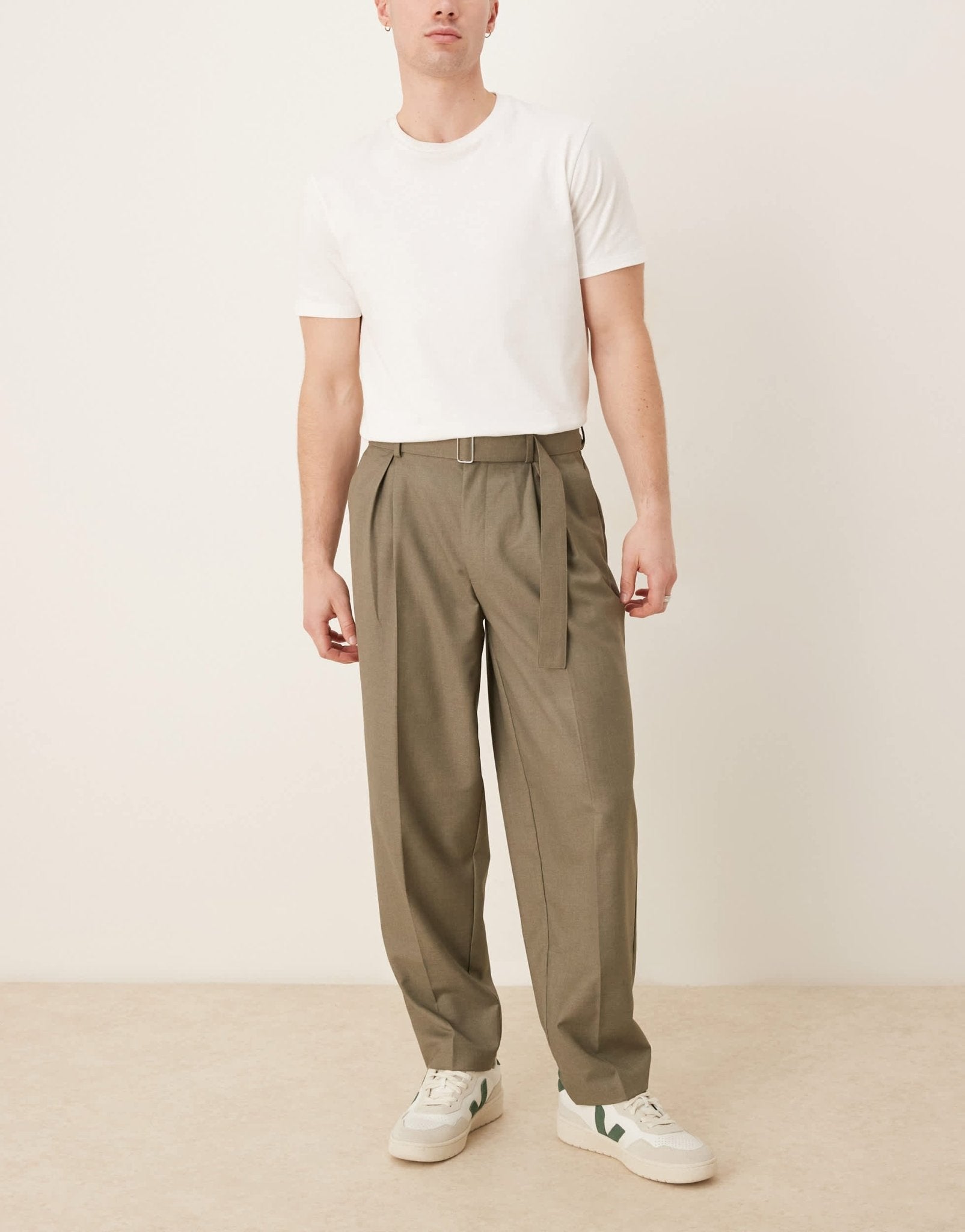 ASOS DESIGN smart oversized tapered belted trousers with front pleat in khaki - ASOS Sample Sale