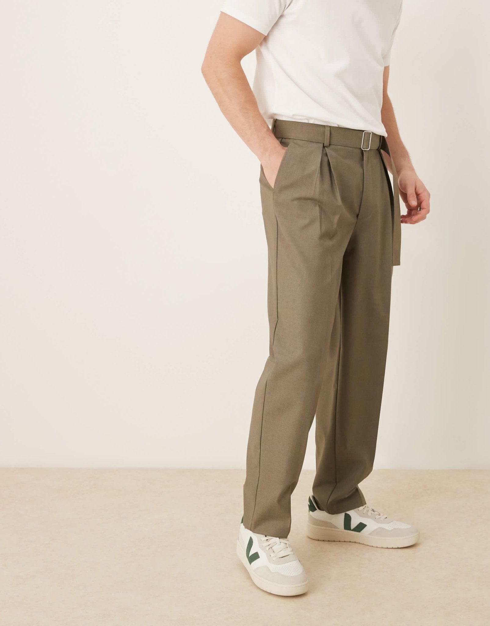 ASOS DESIGN smart oversized tapered belted trousers with front pleat in khaki - ASOS Sample Sale