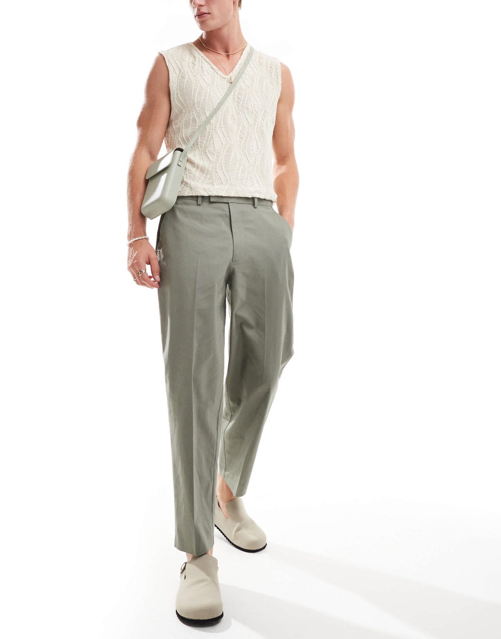 ASOS DESIGN smart oversized tapered linen blend trousers in dusty green - ASOS Sample Sale