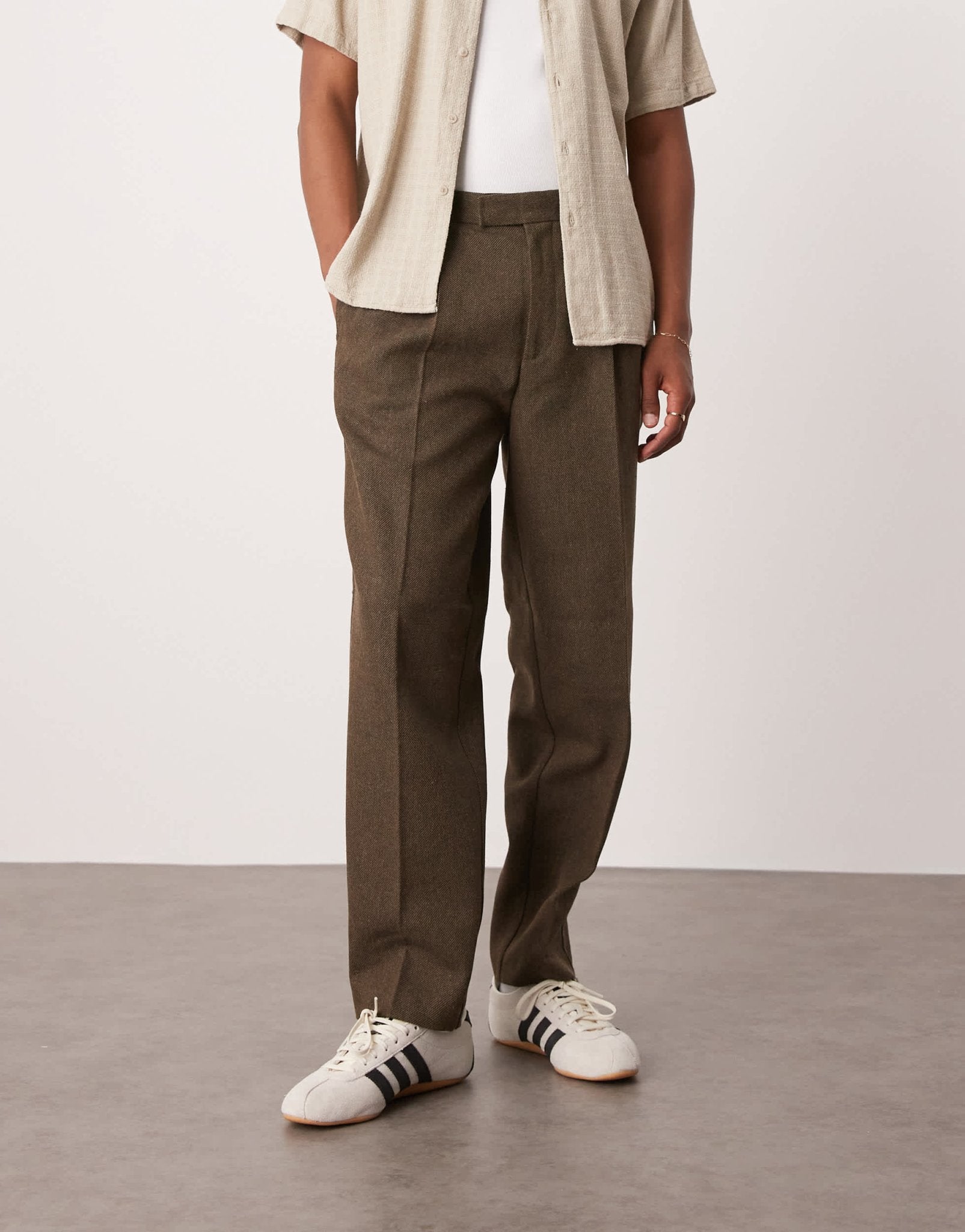ASOS DESIGN smart oversized tapered pleated trousers in brown with wool twill - ASOS Sample Sale
