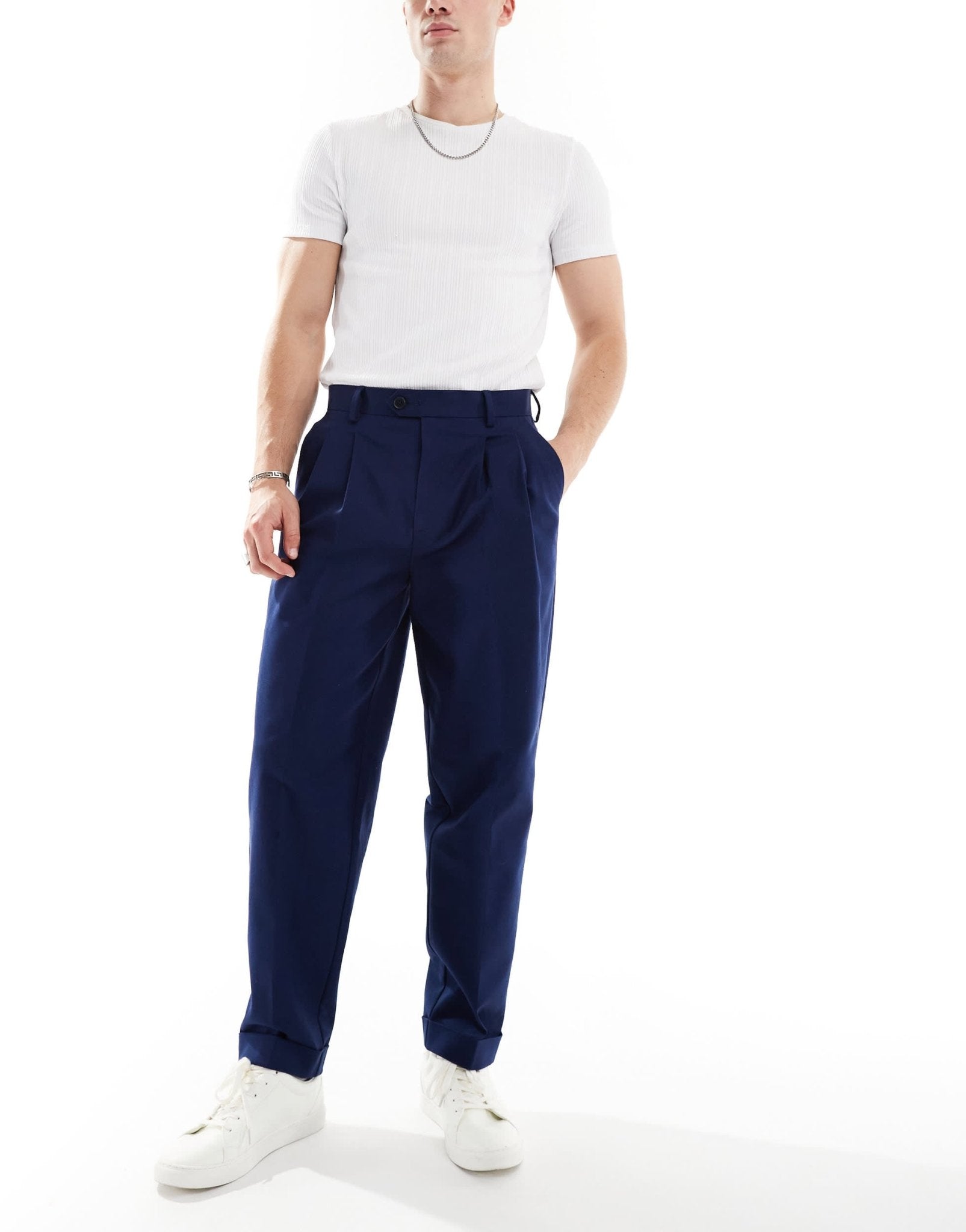 ASOS DESIGN smart premium cotton oversized tapered chino trousers in navy - ASOS Sample Sale