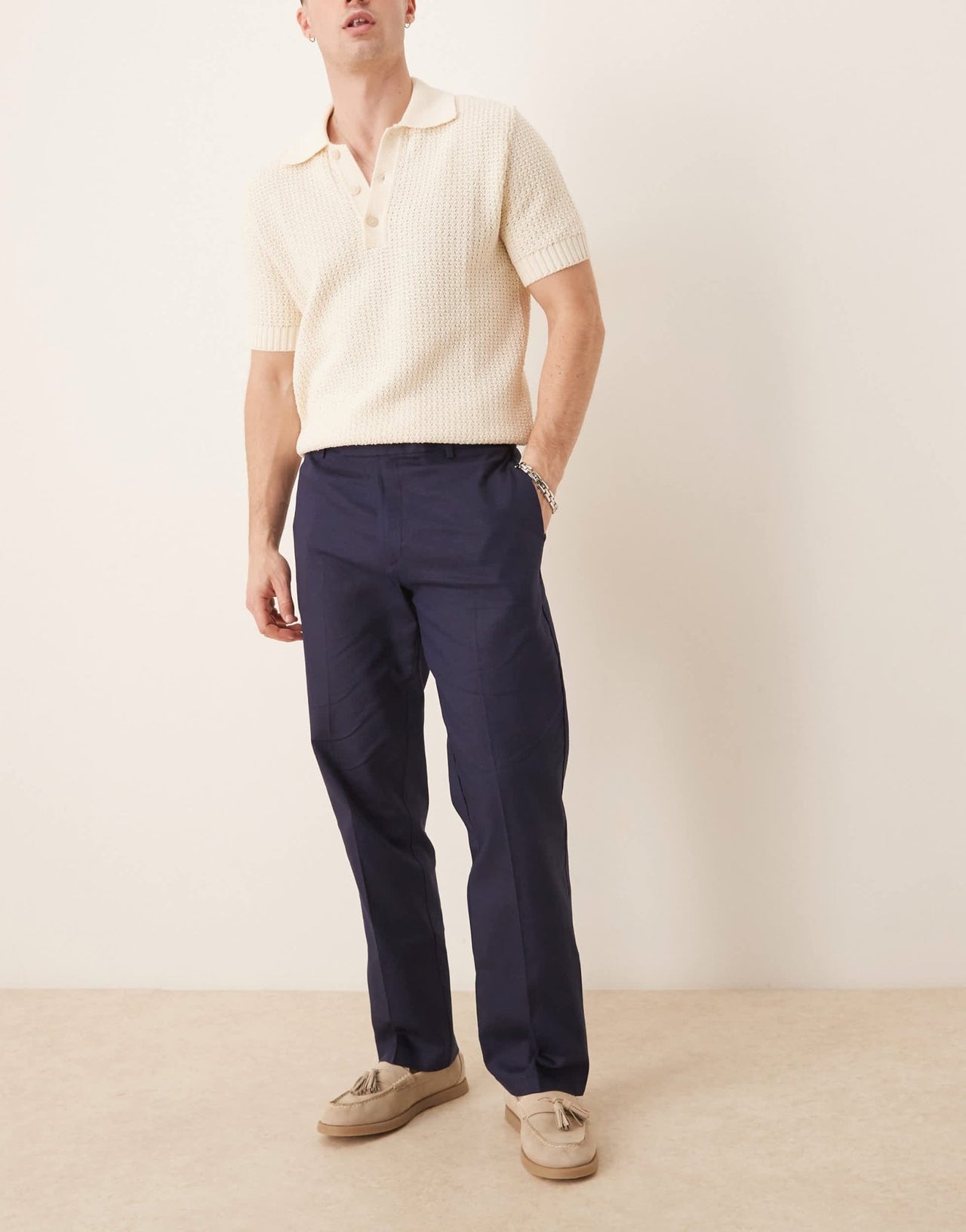 ASOS DESIGN smart straight leg linen blend trousers in navy - ASOS Sample Sale