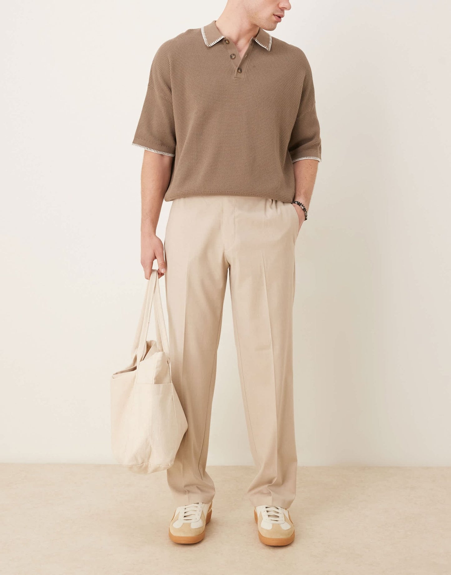 ASOS DESIGN smart straight leg trousers in camel linen look with elasticated waist - ASOS Sample Sale