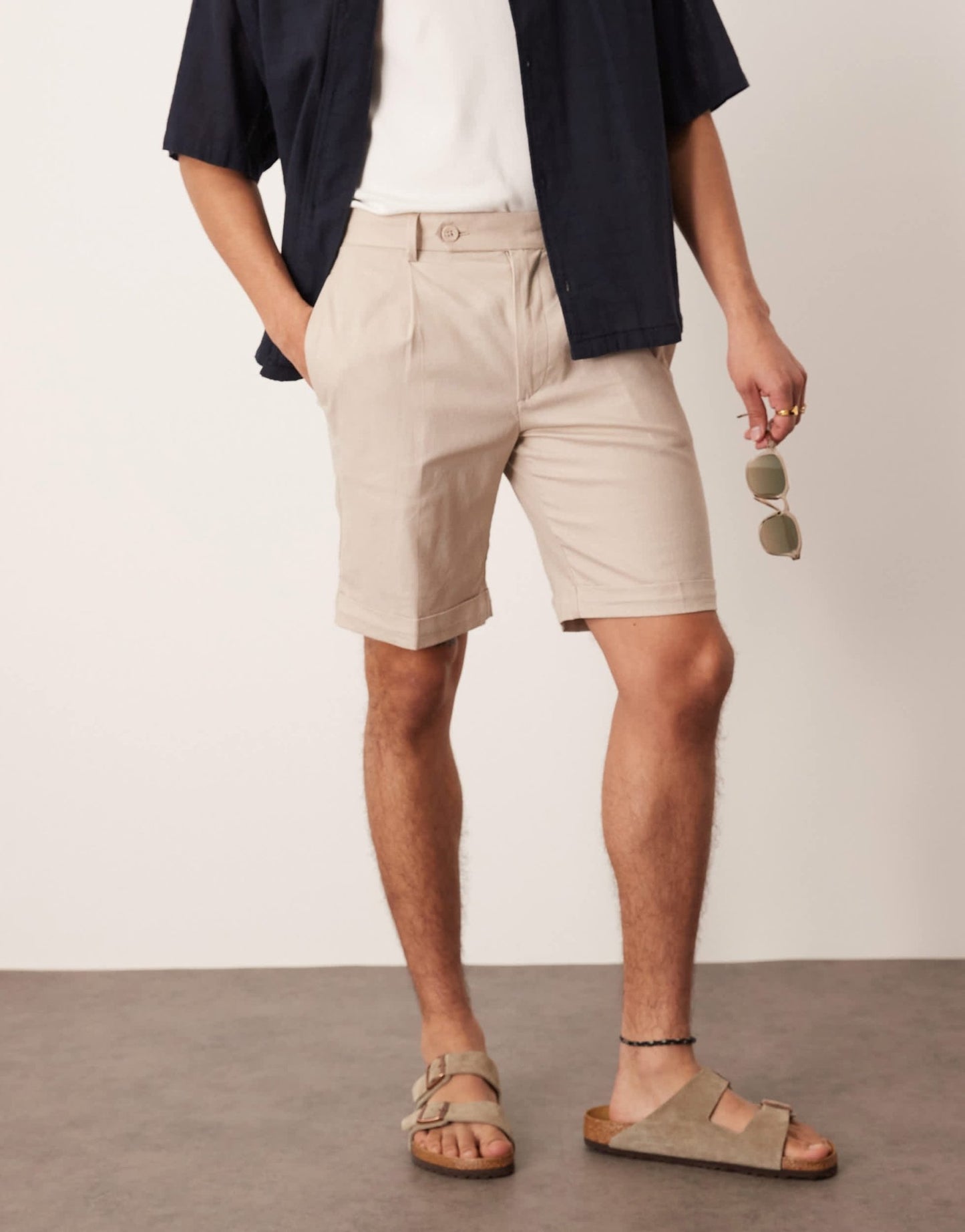 ASOS DESIGN smart straight linen blend chino shorts with front pleat in stone - ASOS Sample Sale