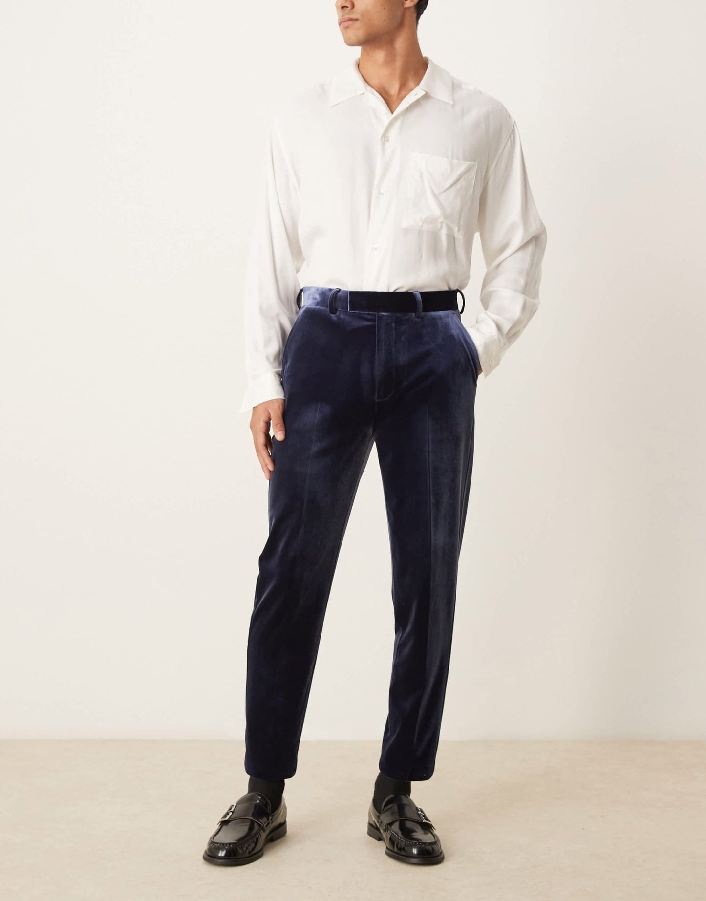 ASOS DESIGN smart tapered fit velvet trousers in navy - ASOS Sample Sale