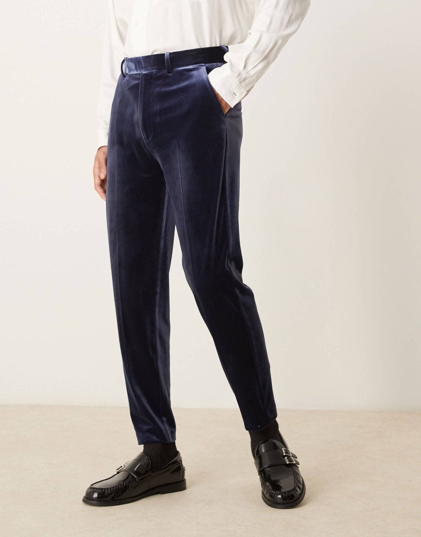 ASOS DESIGN smart tapered fit velvet trousers in navy - ASOS Sample Sale