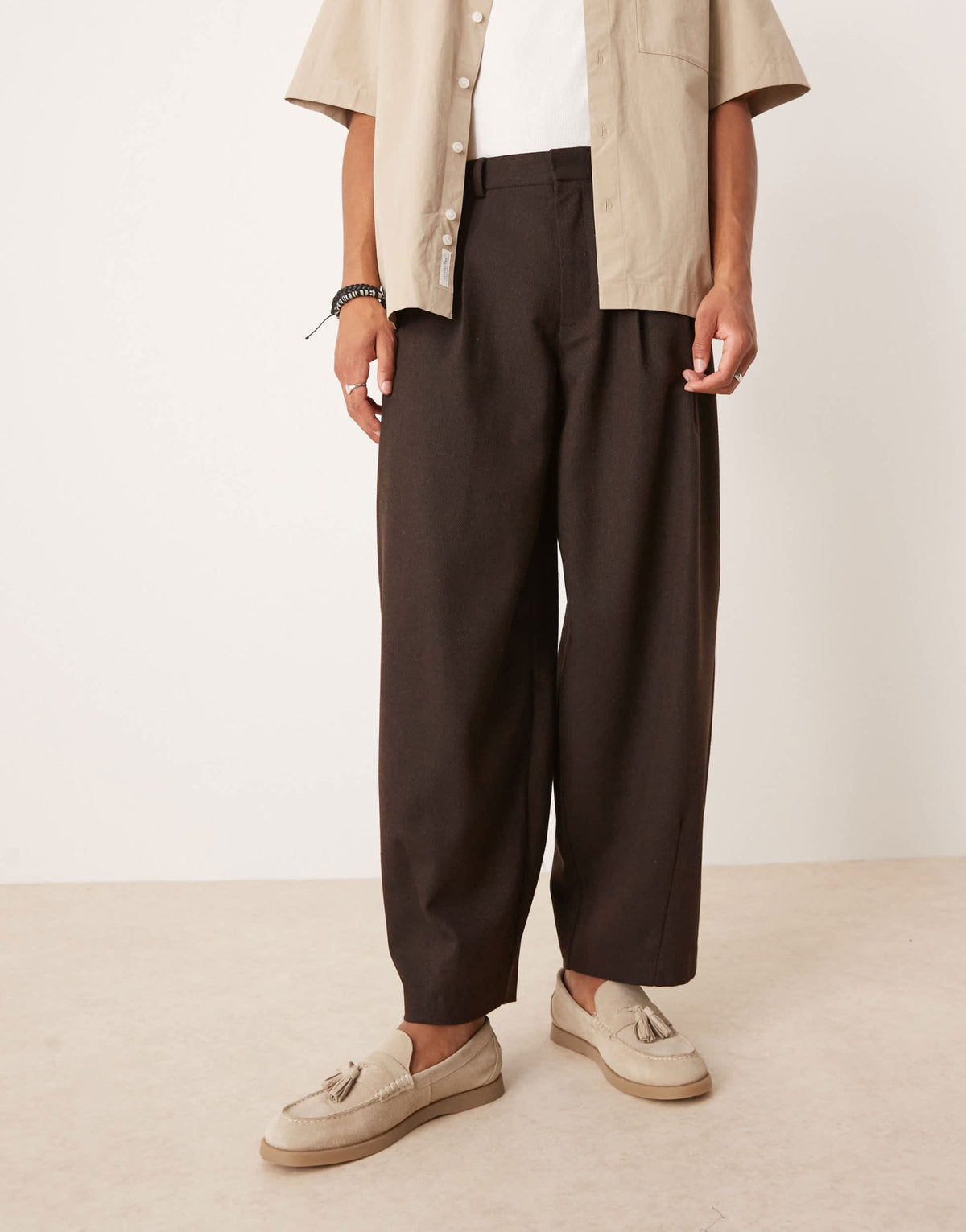 ASOS DESIGN smart wide barrel leg wool mix trousers in brown herringbone - ASOS Sample Sale