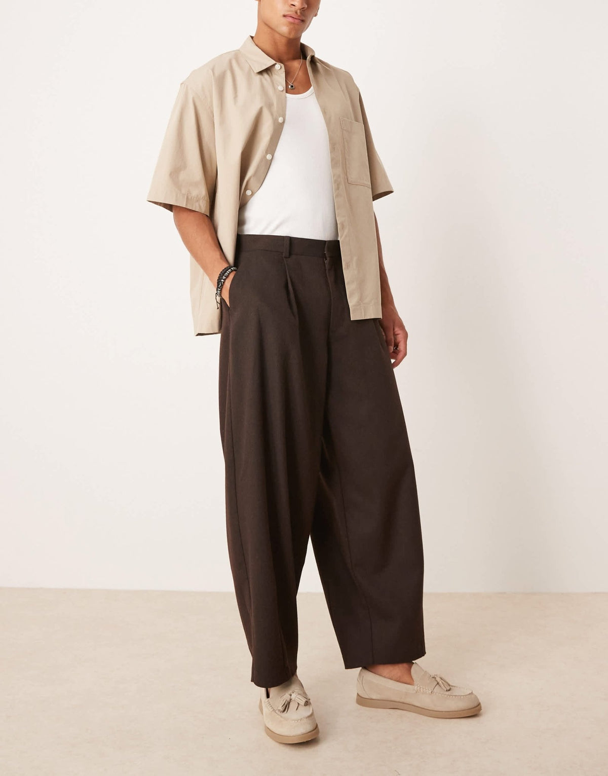 ASOS DESIGN smart wide barrel leg wool mix trousers in brown herringbone - ASOS Sample Sale