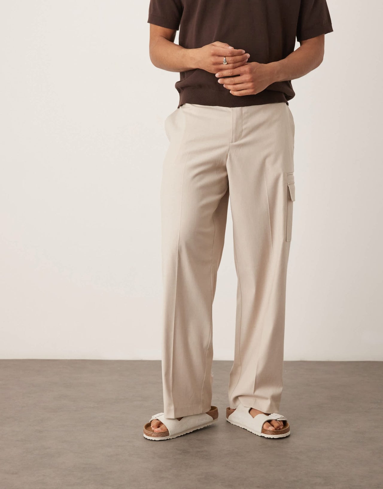 ASOS DESIGN smart wide leg cargo trousers in neutral linen look - ASOS Sample Sale