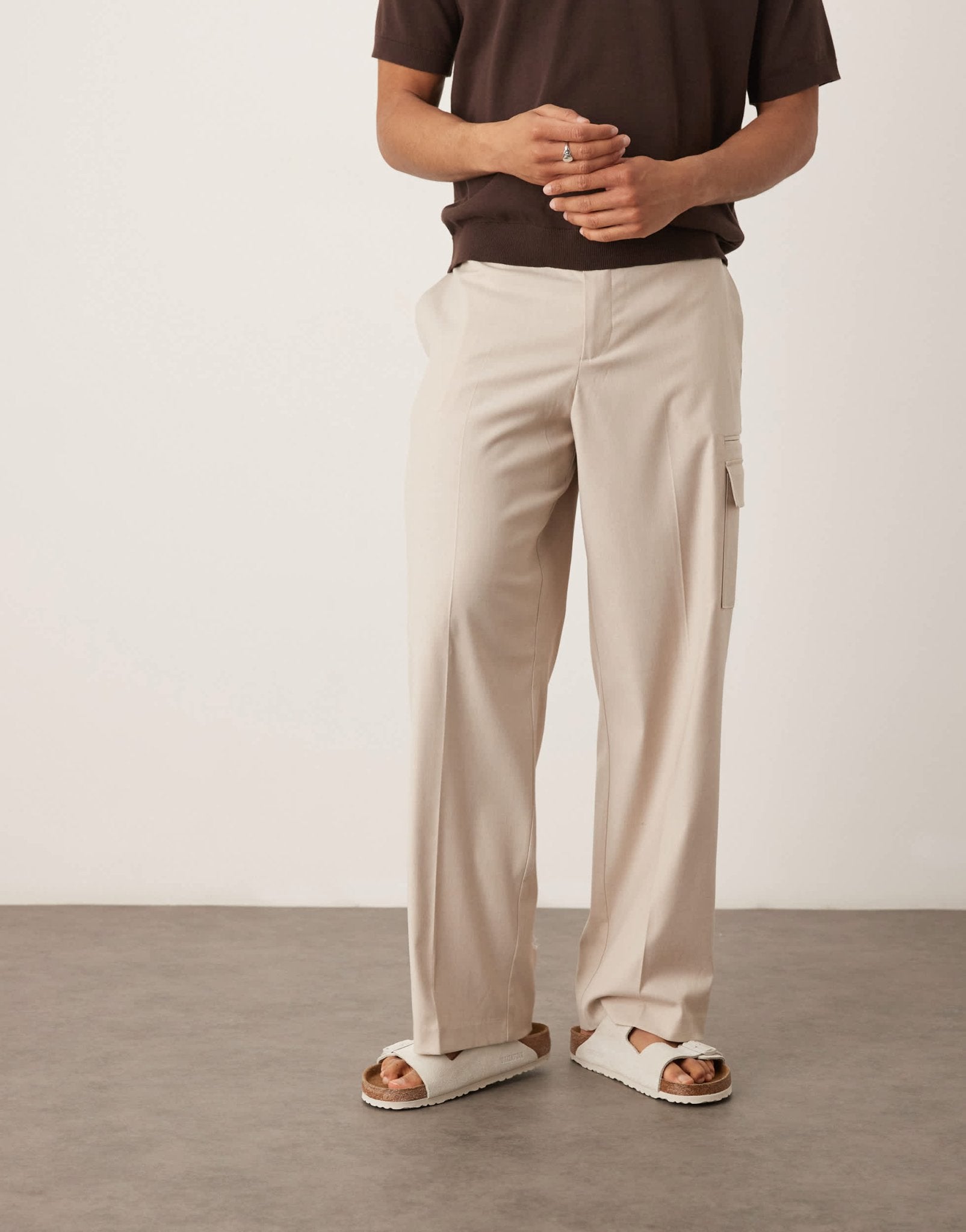 ASOS DESIGN smart wide leg cargo trousers in neutral linen look - ASOS Sample Sale