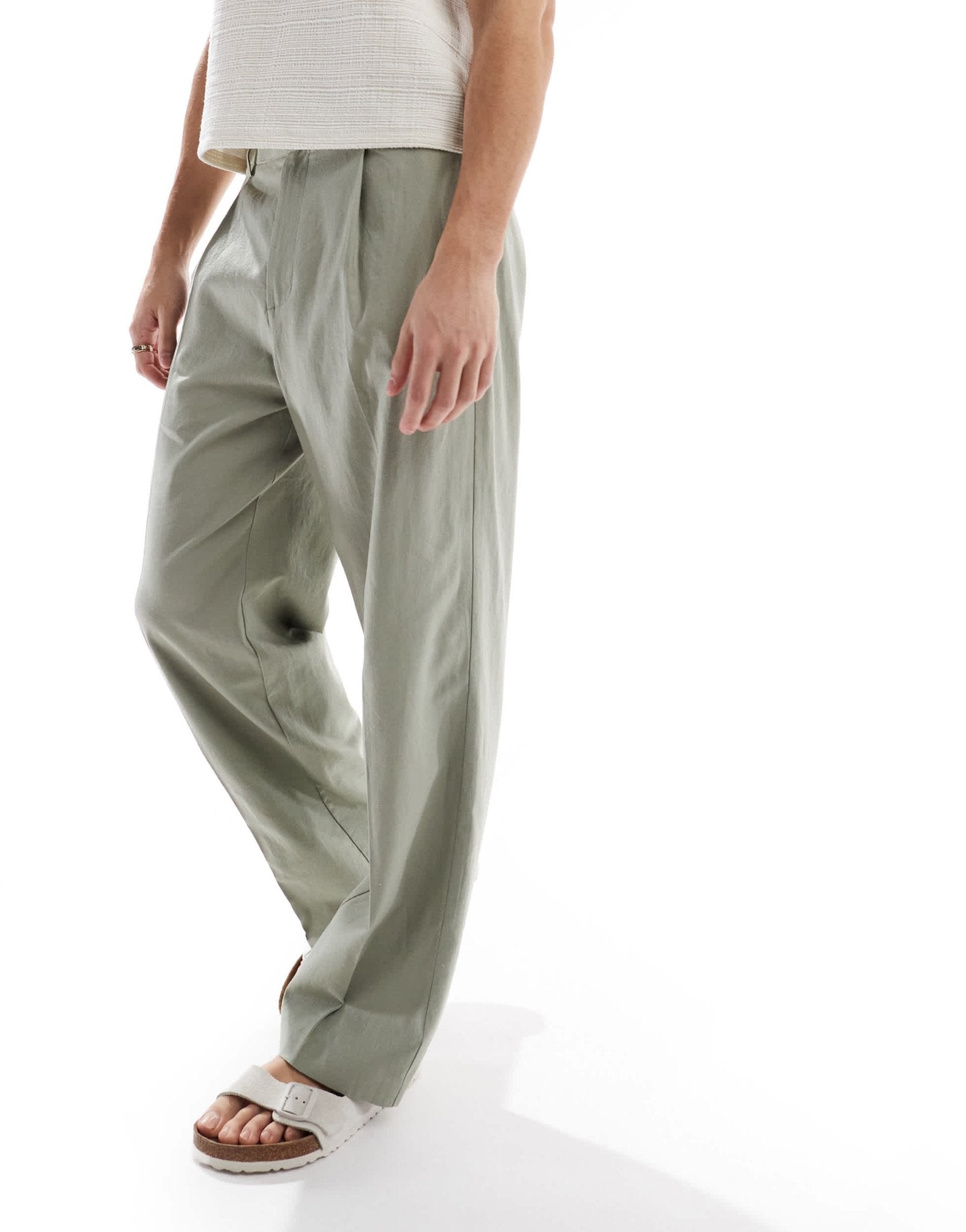 ASOS DESIGN smart wide leg linen blend trousers with front pleat in sage green - ASOS Sample Sale