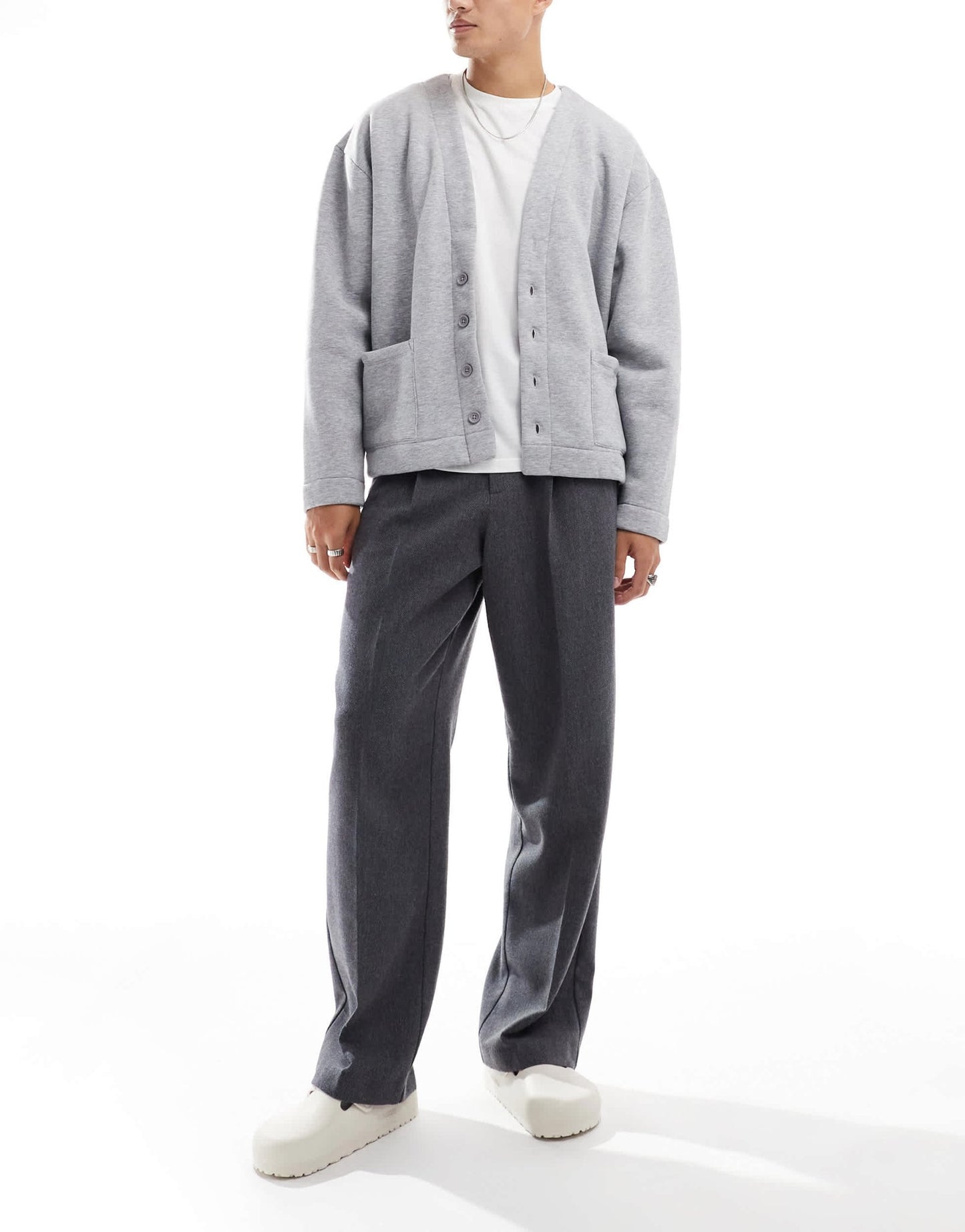 ASOS DESIGN smart wide leg pleated trousers in charcoal with wool herringbone - ASOS Sample Sale
