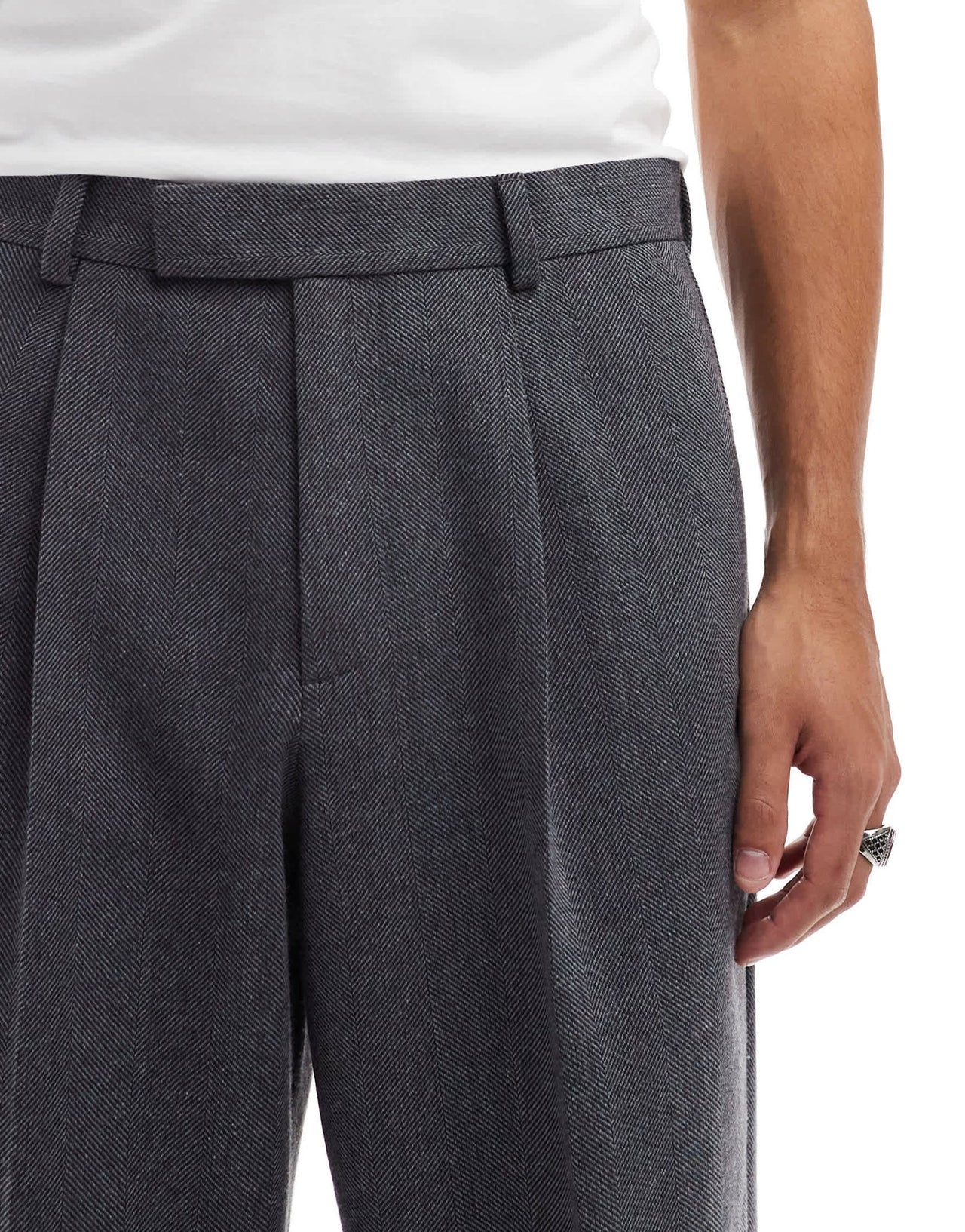 ASOS DESIGN smart wide leg pleated trousers in charcoal with wool herringbone - ASOS Sample Sale