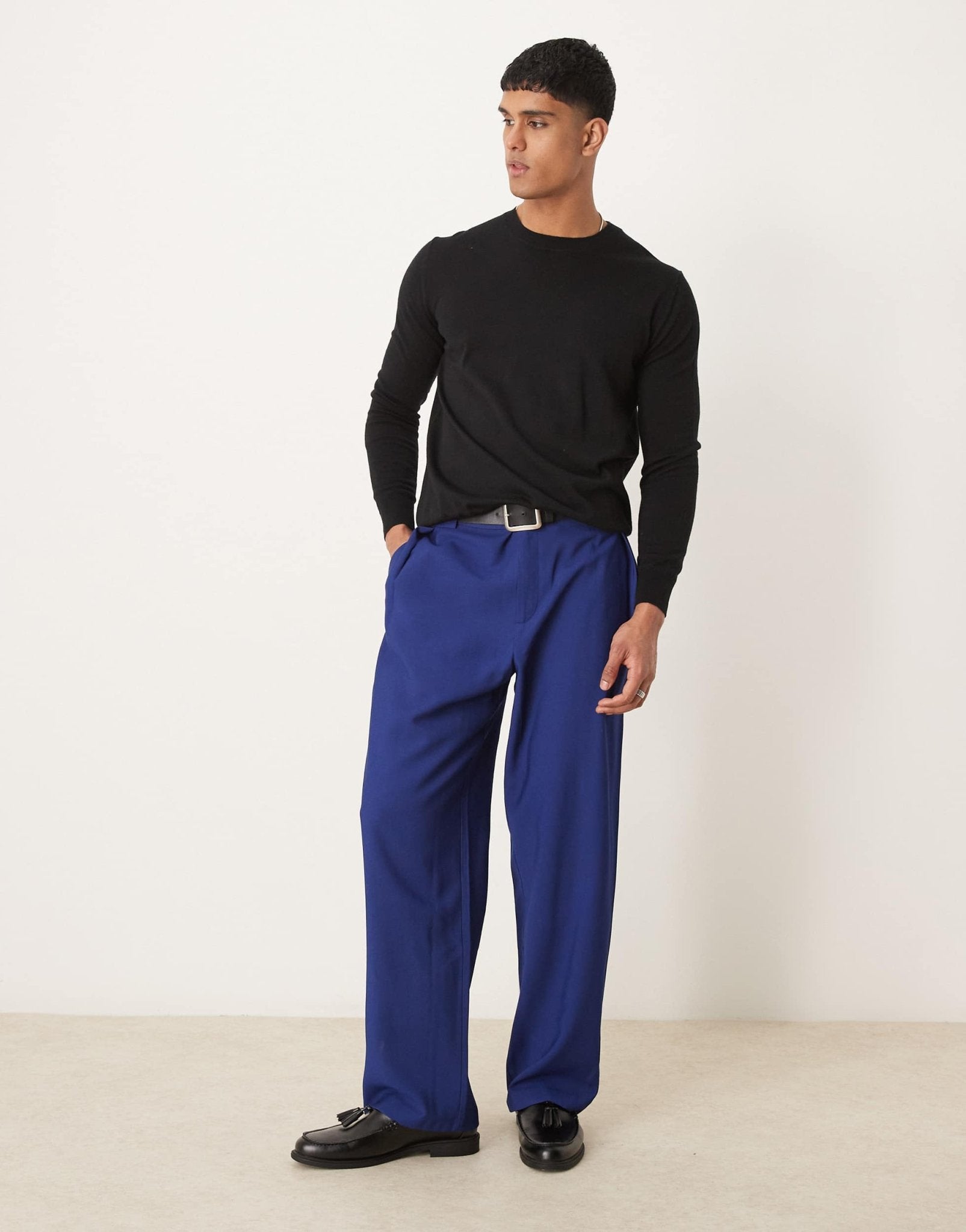 ASOS DESIGN smart wide leg trousers with chunky belt loops in navy ...