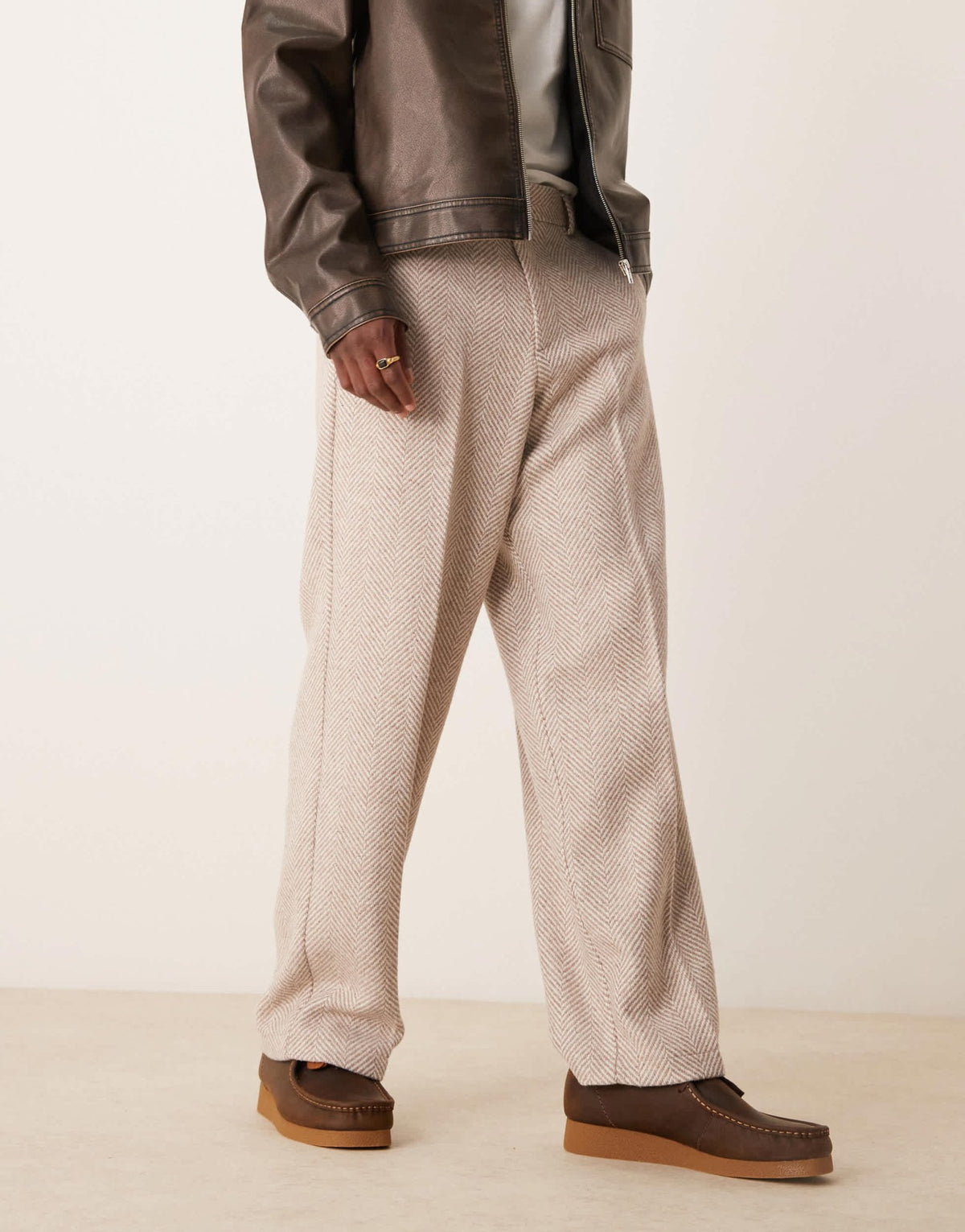 ASOS DESIGN smart wide leg wool blend herringbone trousers in stone - ASOS Sample Sale