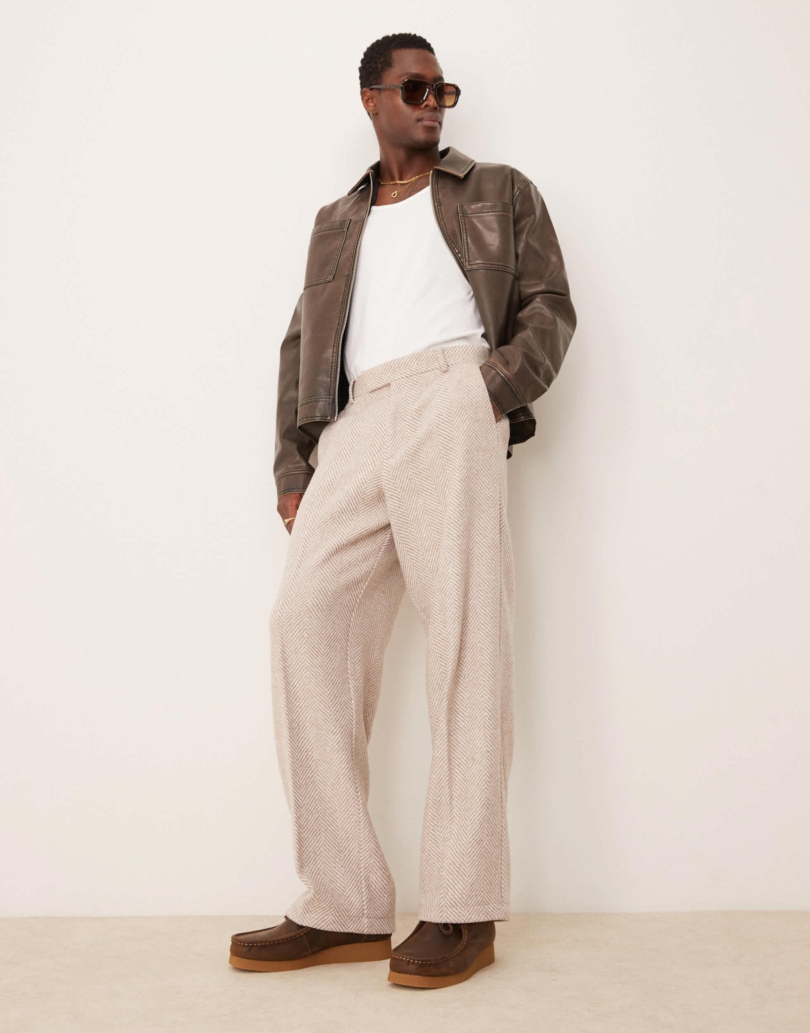ASOS DESIGN smart wide leg wool blend herringbone trousers in stone - ASOS Sample Sale
