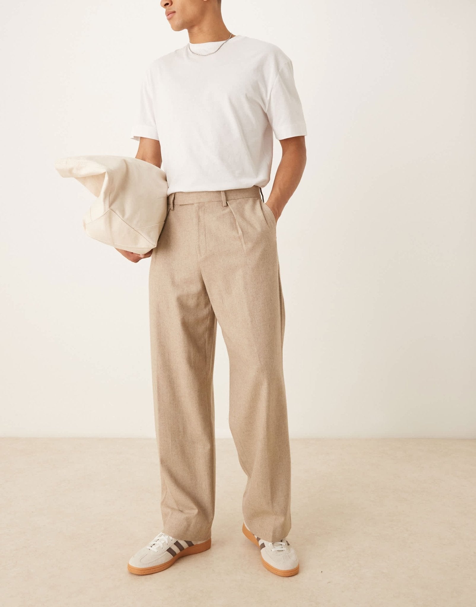ASOS DESIGN smart wide leg wool mix trousers with front pleat in stone - ASOS Sample Sale