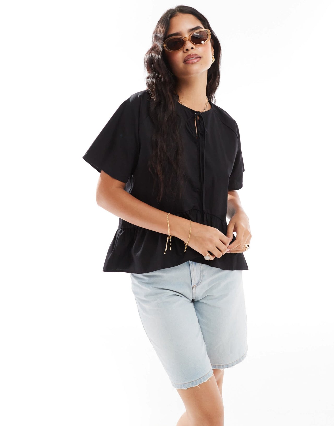 ASOS DESIGN smock tie front top in black - ASOS Sample Sale