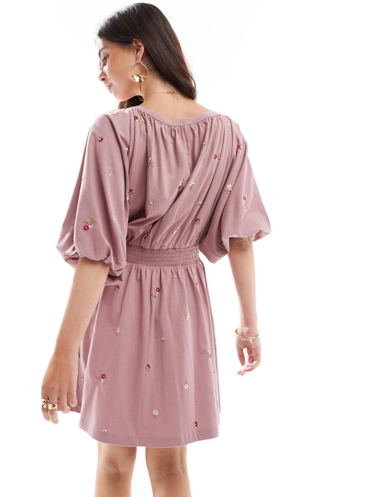 ASOS DESIGN smocked mini dress with shirred waist and ditsy floral embroidery in dusky pink - ASOS Sample Sale
